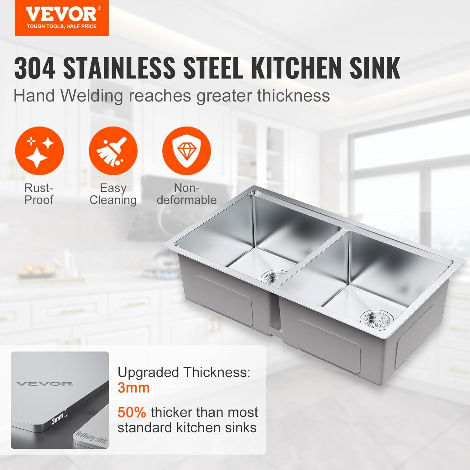 33'' L Undermount Double Bowl Stainless Steel Kitchen Sink