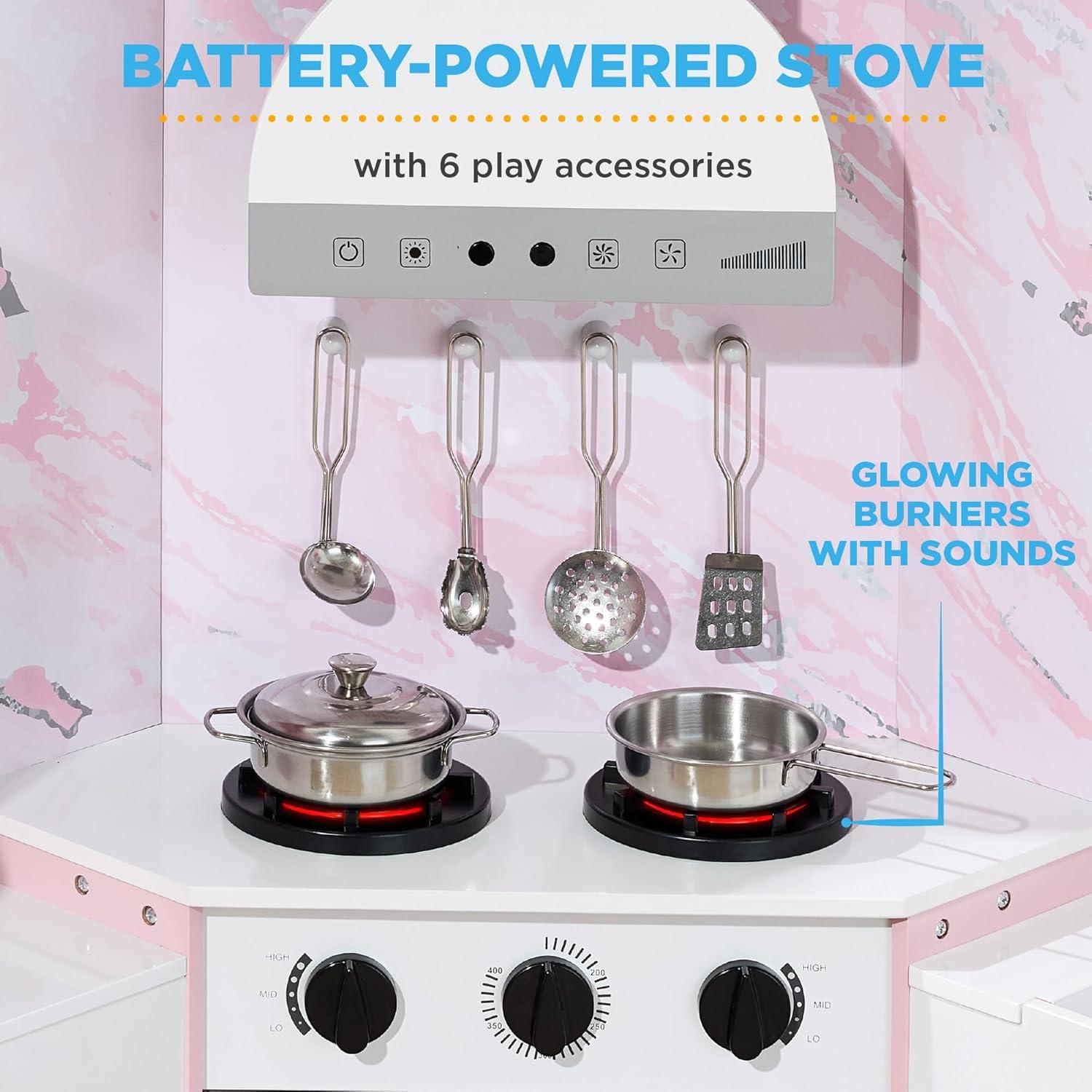 Best Choice Products Pretend Play Corner Kitchen, Interactive Wooden Kids Set w/ Lights & Sounds - Pink