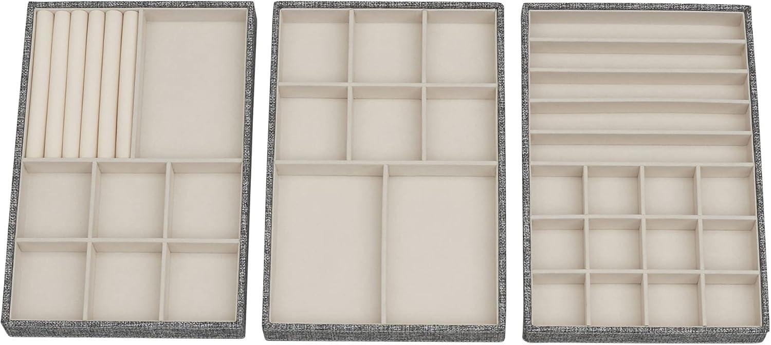 Household Essentials 3pc Stacking Jewelry Trays Graphite Linen: Stackable Jewelry Organizer & Storage, Gray, Adult Use