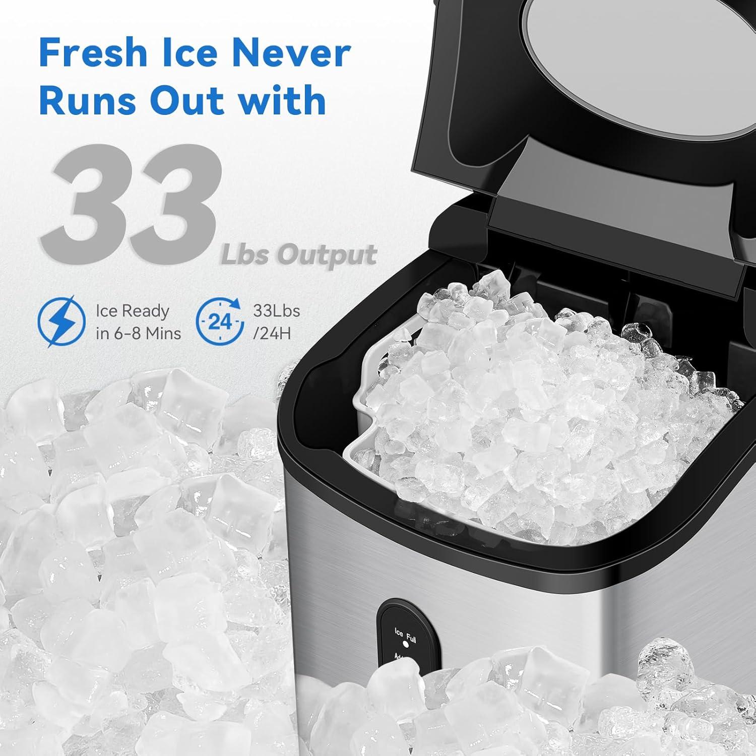 Ice Maker Countertop with Soft Chewable Ice, Portable Ice Maker with Self-Cleaning, 33Lbs/24Hrs, One-Key Operation, Compact Ice Maker with Ice Scoop/Basket for Home/Kitchen/Office/Bar