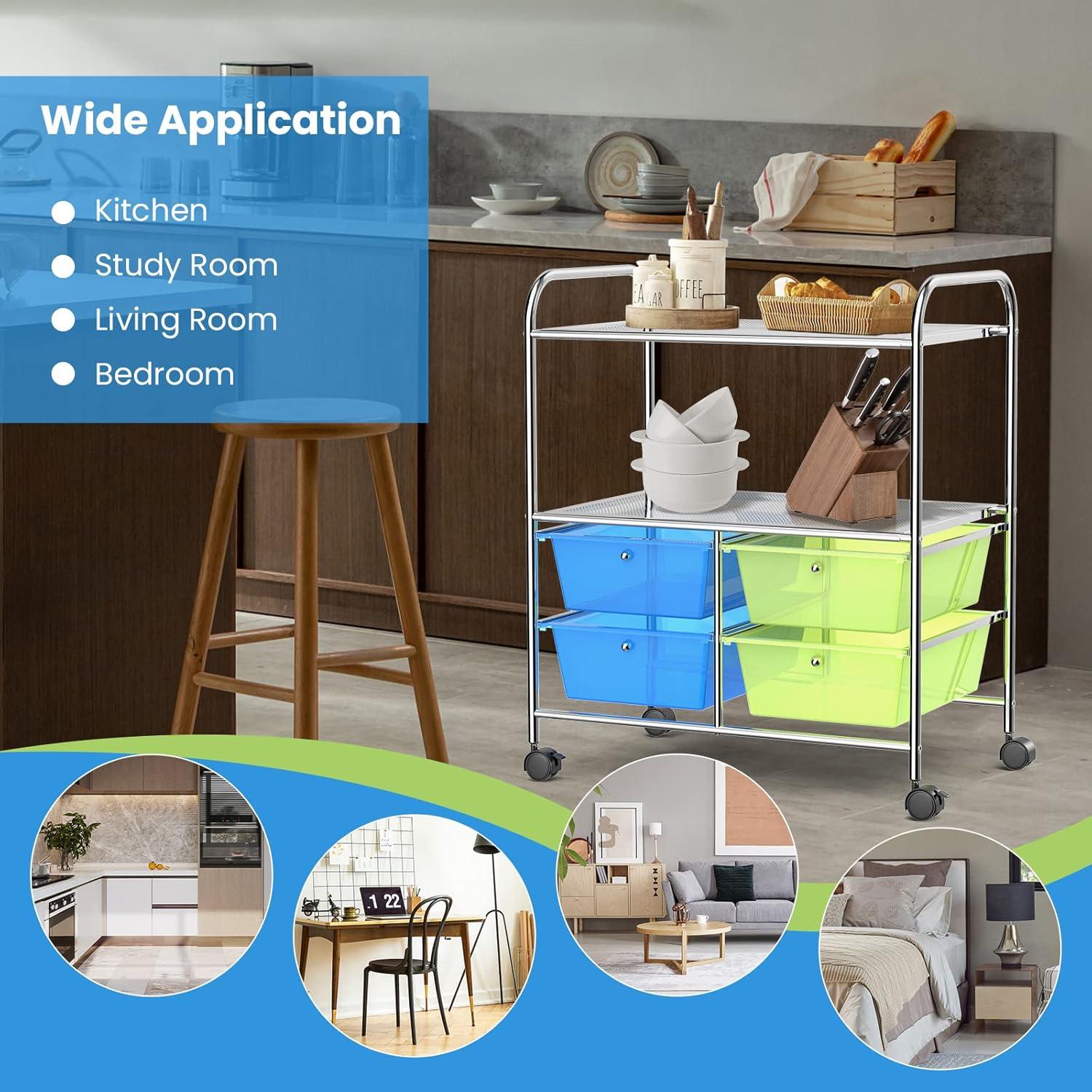 Costway 4 Drawers Rolling Storage Cart Metal Rack Shelf Home Office Furniture 2 Shelves