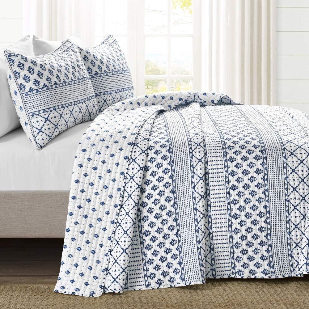 Full/Queen 3pc Monique Stripe Quilt Set  Navy/White - Lush Décor