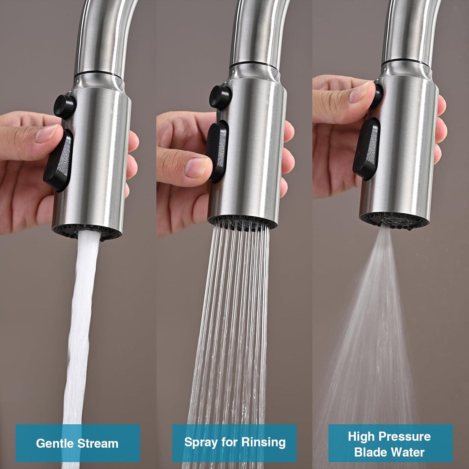 3 Functions Kitchen Faucet Spray Head Replacement with 9 Adapter Kits in Brushed Nickel