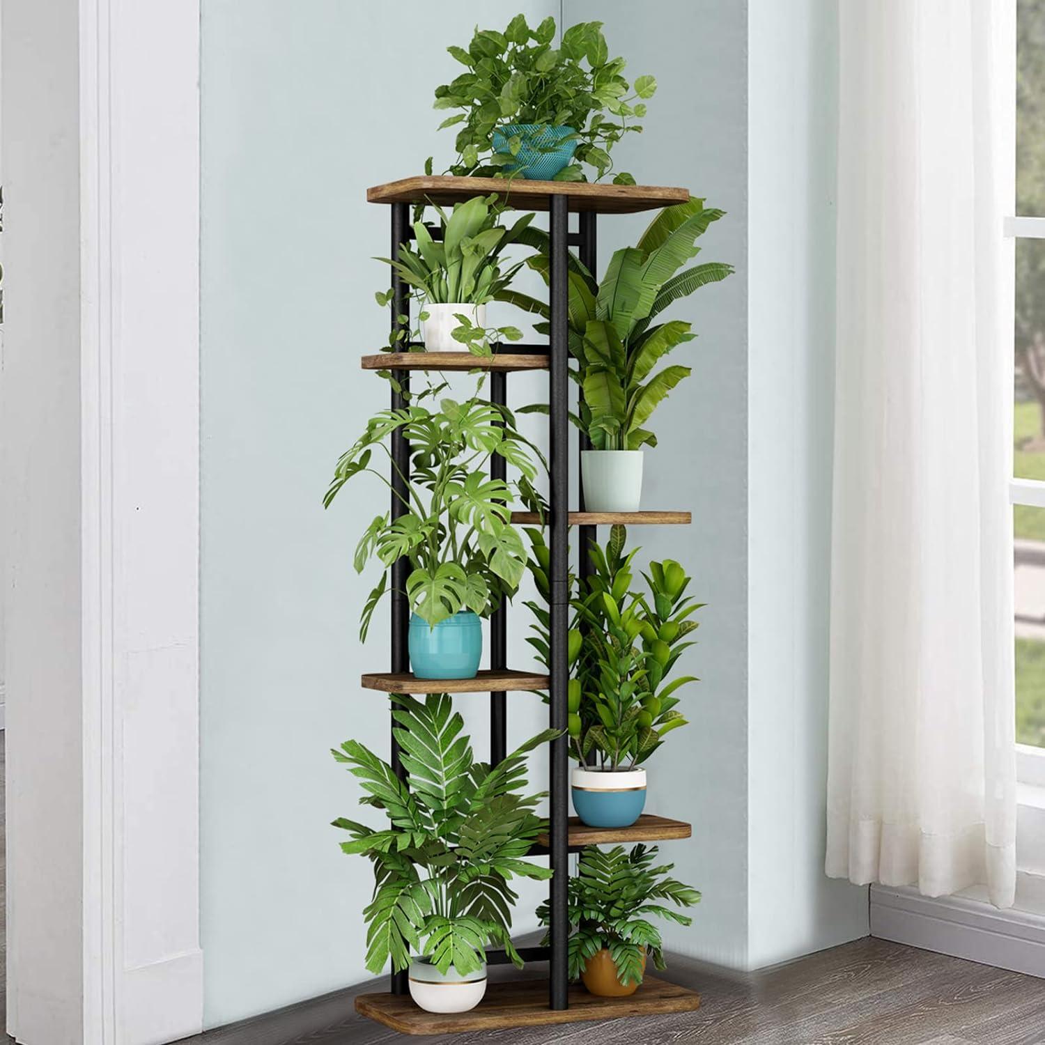 Black and Brown 6-Tier Iron and MDF Plant Stand