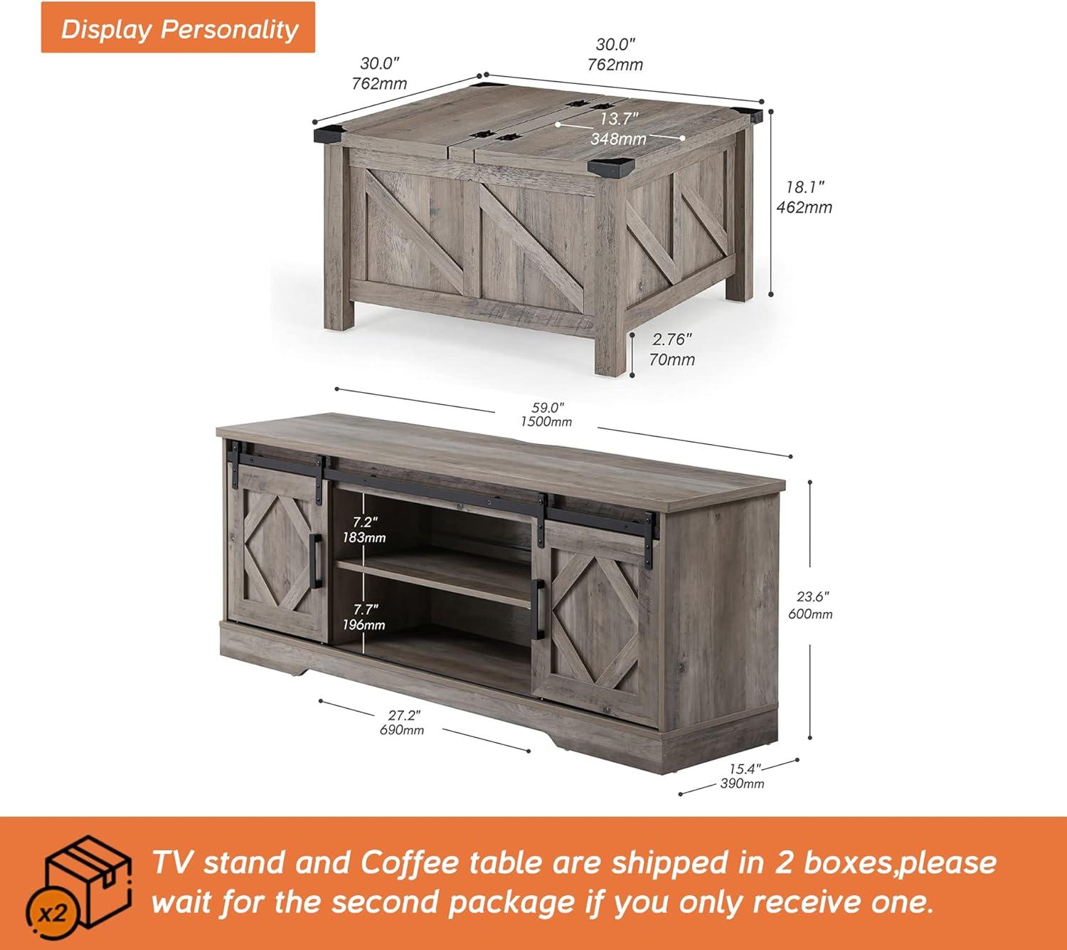 WAMPAT Farmhouse Sliding Barn Door TV Stand and Coffee Table Set of 2,Modern Storage Entertainment Center for TVs Up to 65'', Square Wood Center Table with Gas Struts Lift-Top for Living Room,Grey