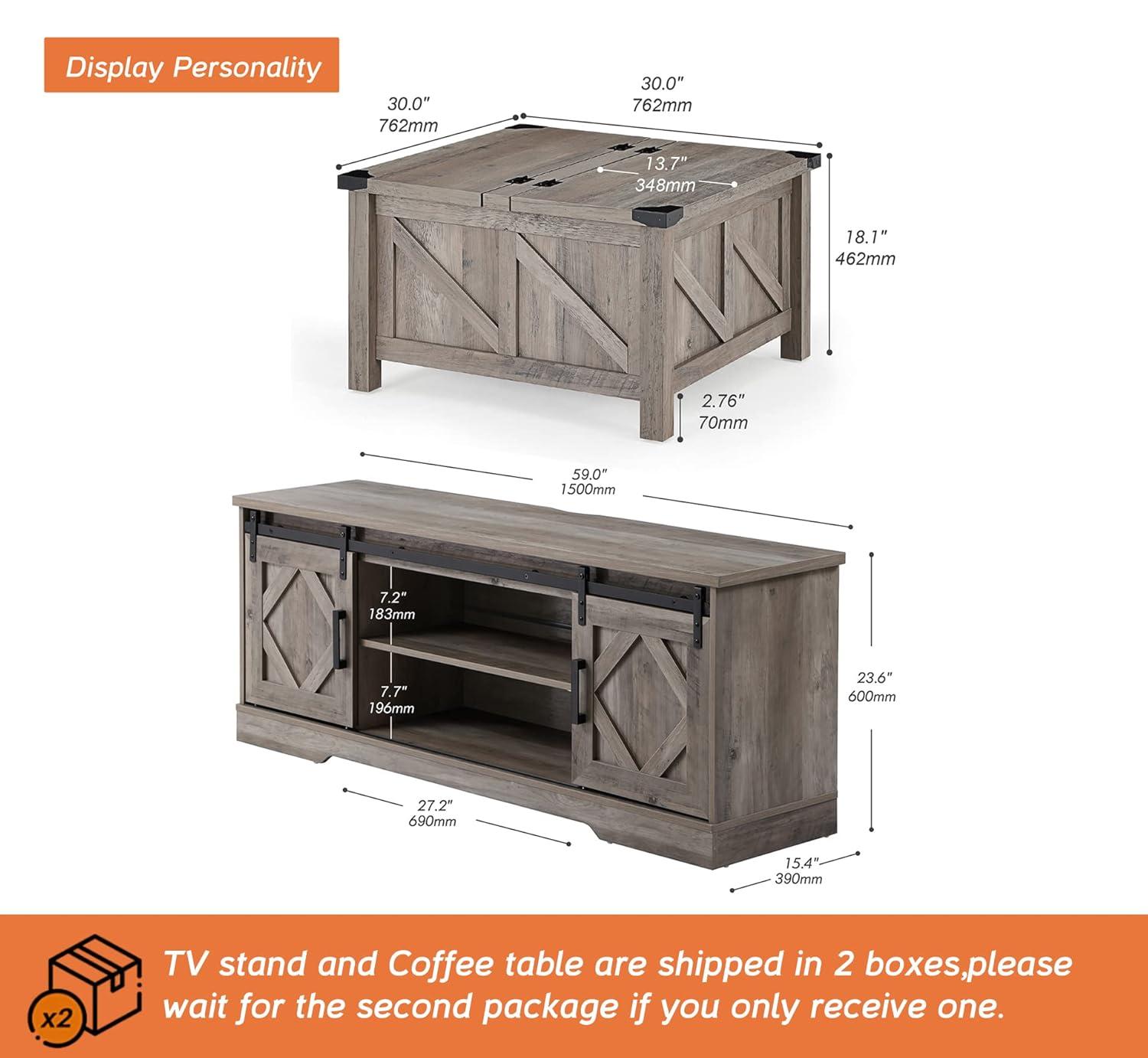 WAMPAT Farmhouse Sliding Barn Door TV Stand and Coffee Table Set of 2,Modern Storage Entertainment Center for TVs Up to 65'', Square Wood Center Table with Gas Struts Lift-Top for Living Room,Grey