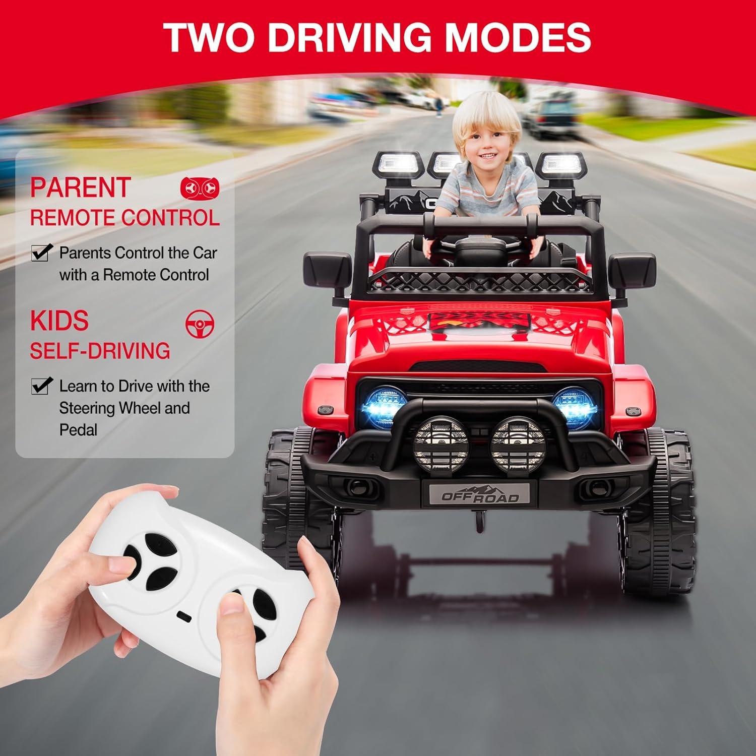 Ride On Truck Car 12V, Electric Vehicle w/Remote Control, 3 Speeds, LED Lights, Music, Spring Suspension, Ride on Car for Kids