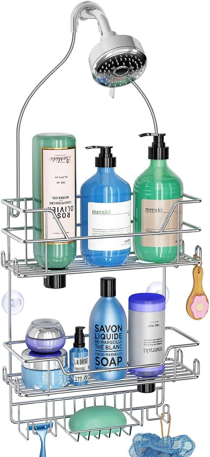 Silver Powder Coated Rectangular Metal Shower Caddy with Hooks