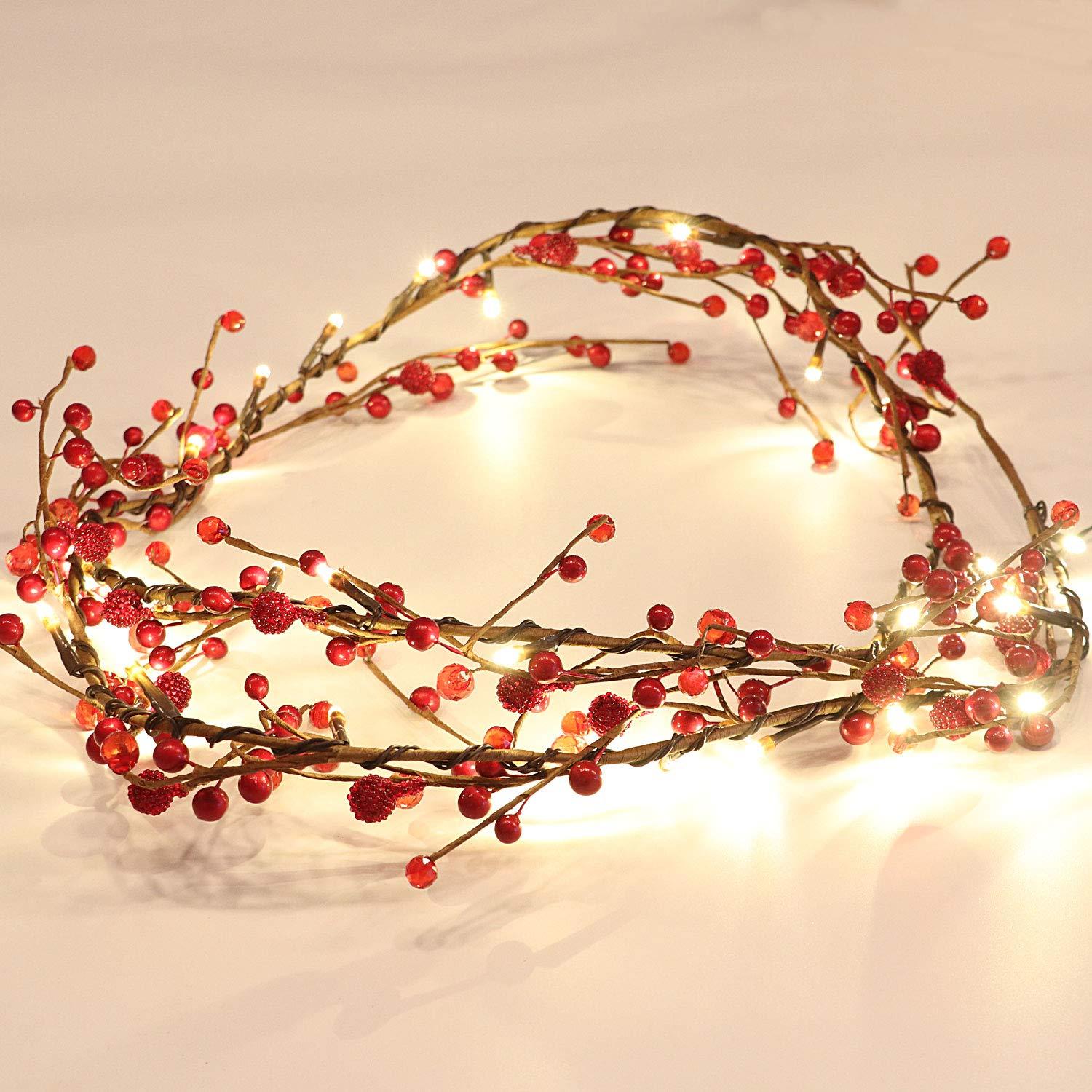 Rhytsing Red Berry Garland with 30 LED Lights, Battery Operated  with Timer Function for Christmas - 5.9FT