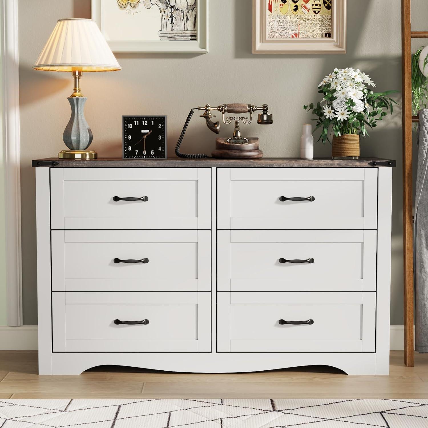 Coulten 6 Drawer 46.4" W Farmhouse 6 Drawers Double Dresser for Bedroom, Modern White Dresser Chest of Drawers, Wide Dressers Organizer, Accent Storage Cabinet for Closet, Living Room, Hallway