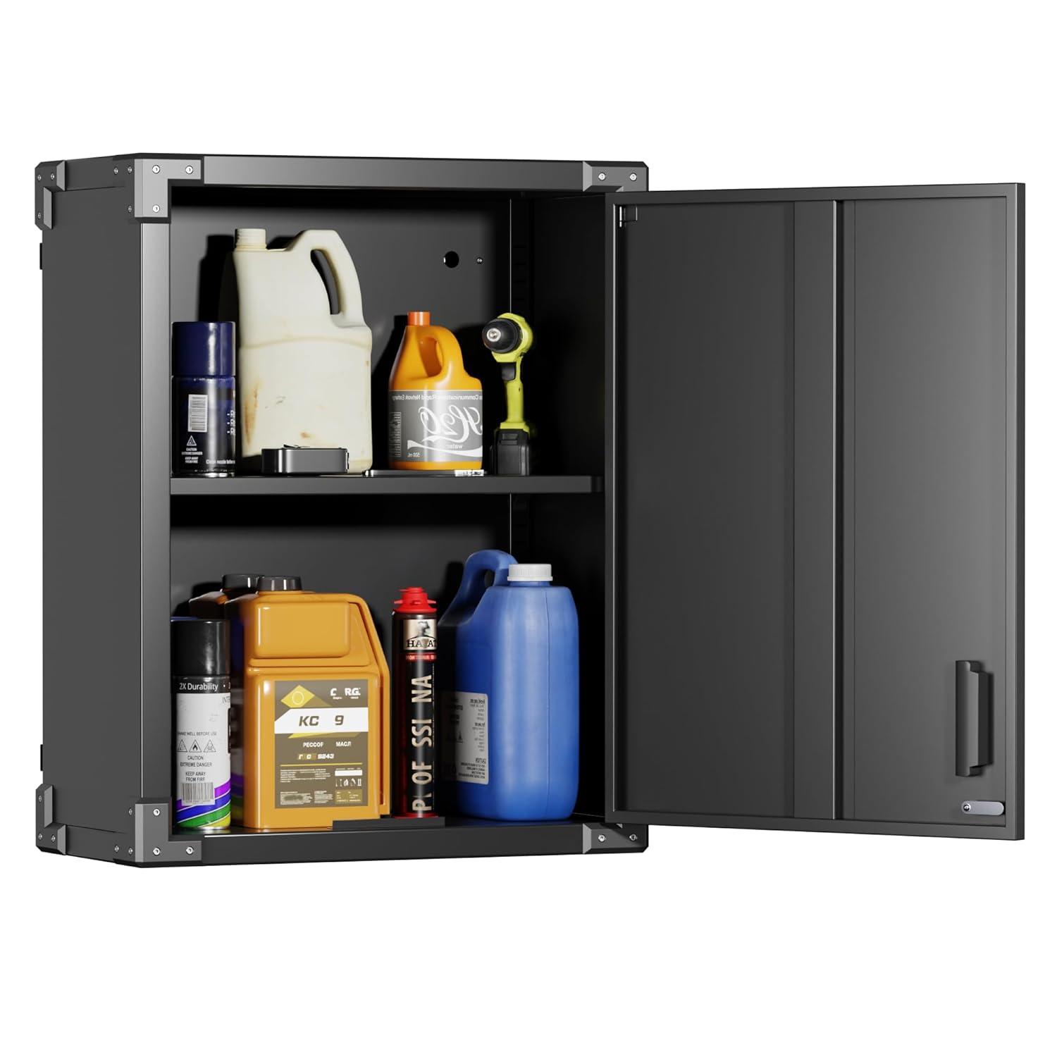 Garage Storage Cabinet, Seizeen Metal File Cabinet with Doors and Shelves, Indoor Storage Cabinet 3-Tier Shelves, Lockable Tool Storage for Garage, Warehouse, Home, Black