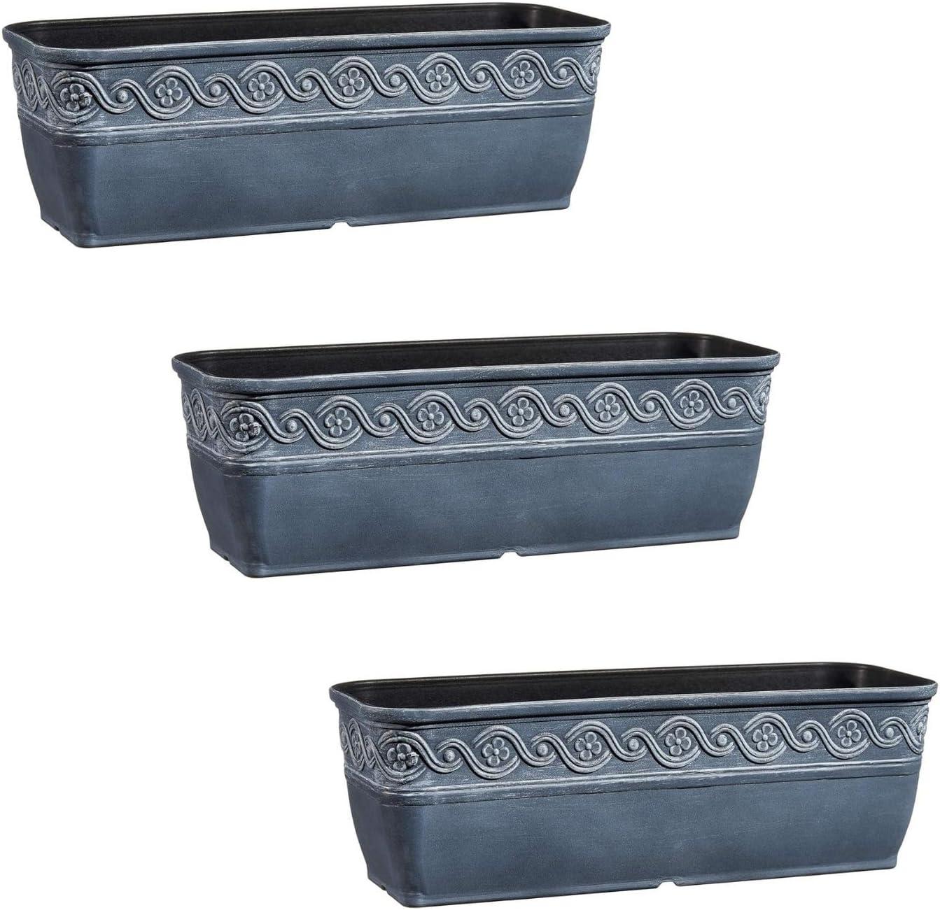 Classic Home and Garden Corinthian Rectangular Planter Box w/Drain Plug - Small Succulent Pots - Shallow Trough Planter for Indoor/Outdoor (10” Storm Gray, Pack of 3)