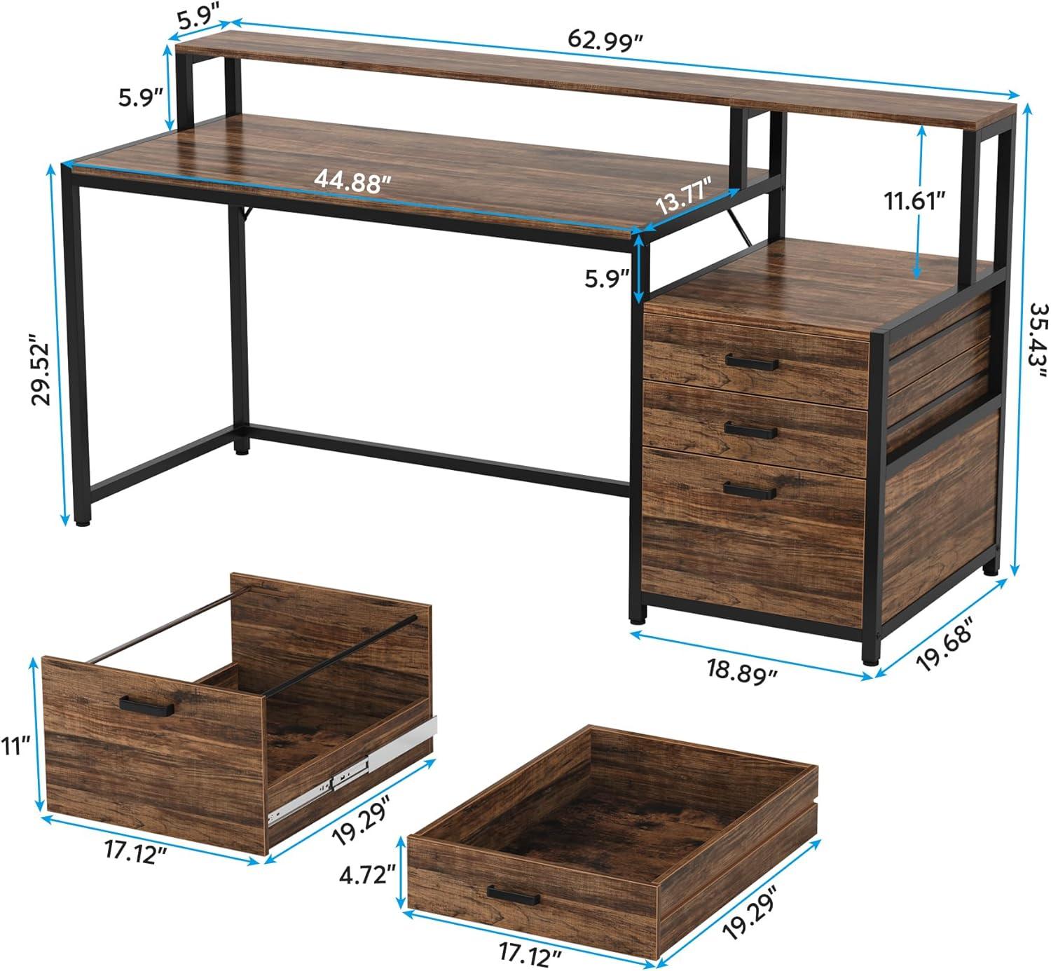 1Easylife 63" Computer Desk with Monitor Stand, Ergonomic Home Office Desks with Drawers File Cabinet Rustic Brown