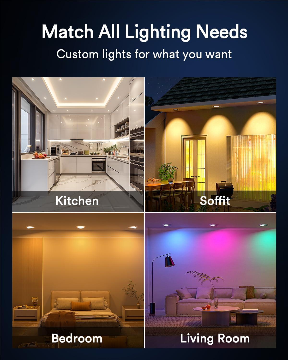 6 Inch LED Smart Recessed Lights with J-Box, Color Changing RGBCW Downlight, Voice Control