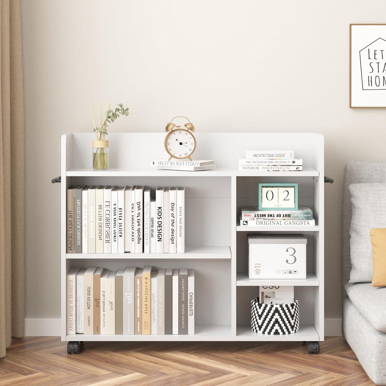 White MDF Rolling Library Book Cart with Adjustable Shelves