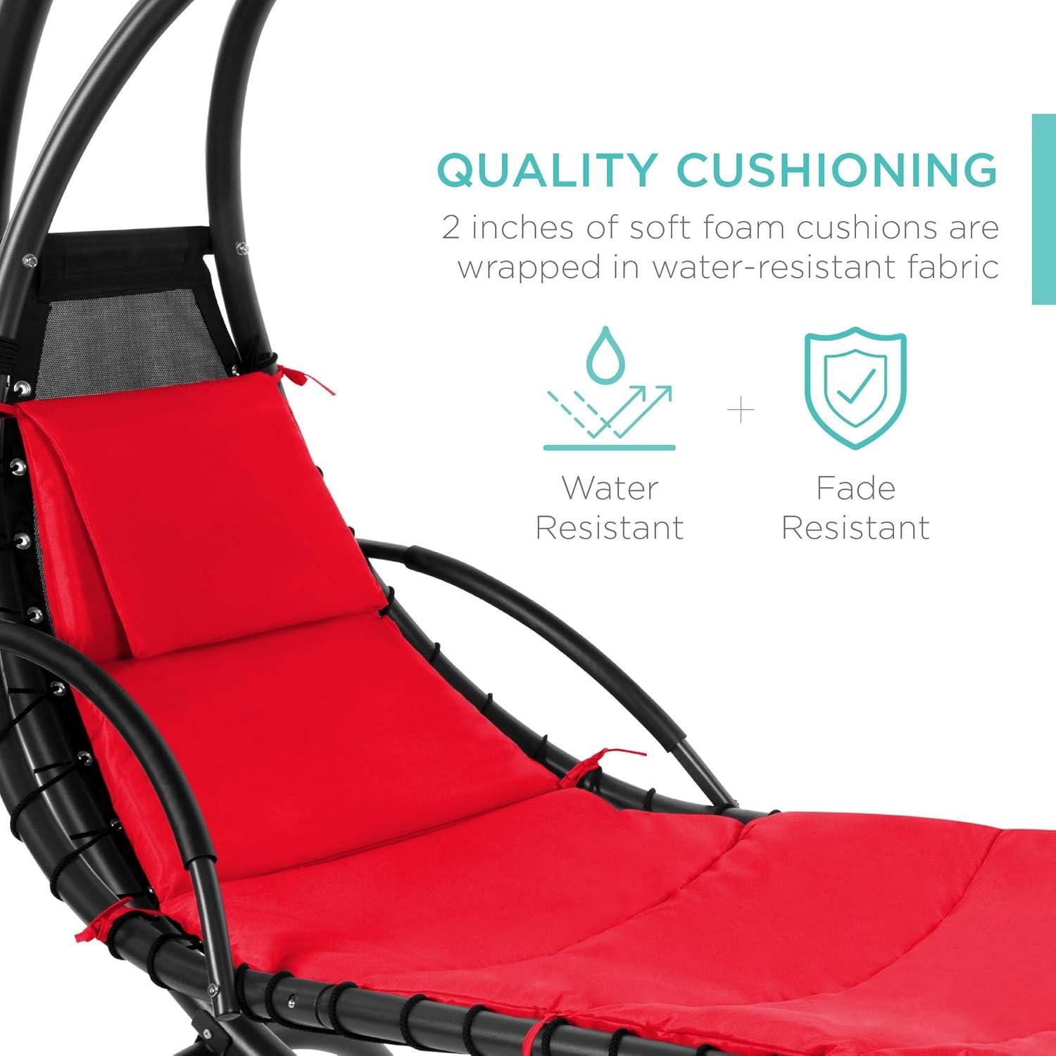 Best Choice Products Hanging Curved Chaise Lounge Chair Swing for Backyard, Patio w/ Pillow, Shade, Stand - Red