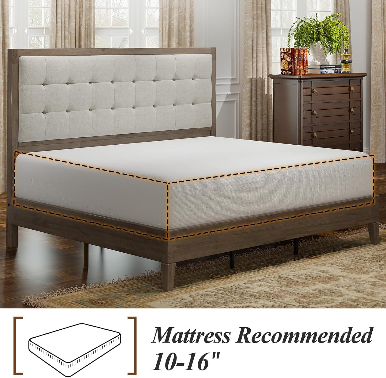 Jocisland Queen Bed Frame, Adult Wood Platform Bed with Upholstered Headboard, Ash Gray