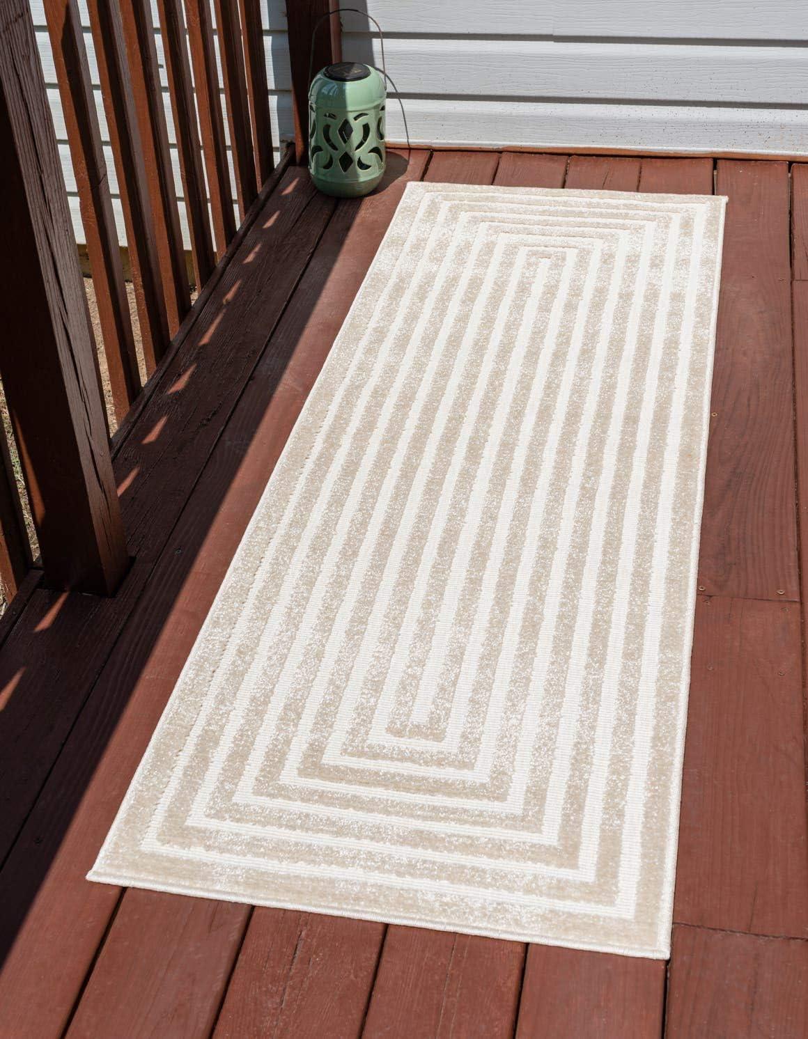 Beige and Ivory Synthetic Outdoor Runner Rug