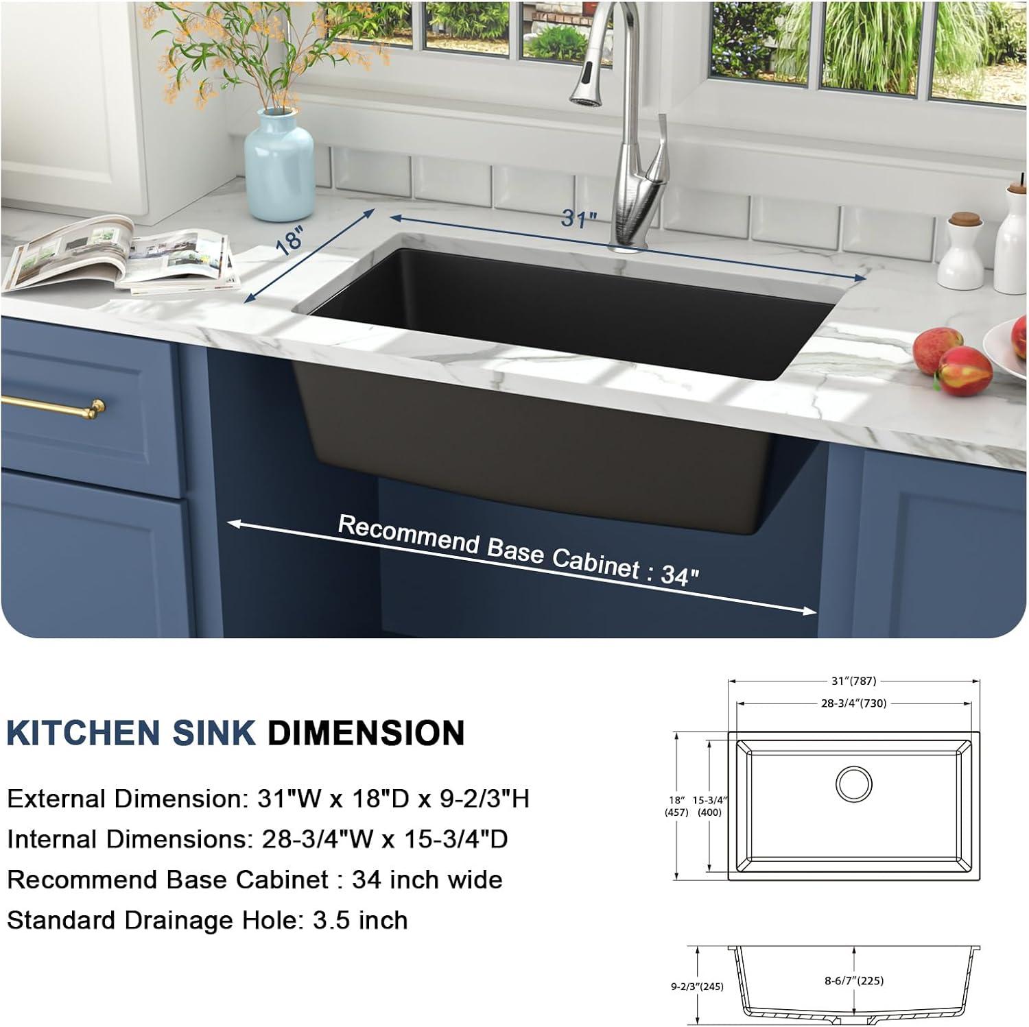 Davivy 33 Inch Black Granite Composite Kitchen Sink Workstation, 33 X 22 Quartz Composite Dual Mount Sink, Matte Black Composite Single Bowl Sink