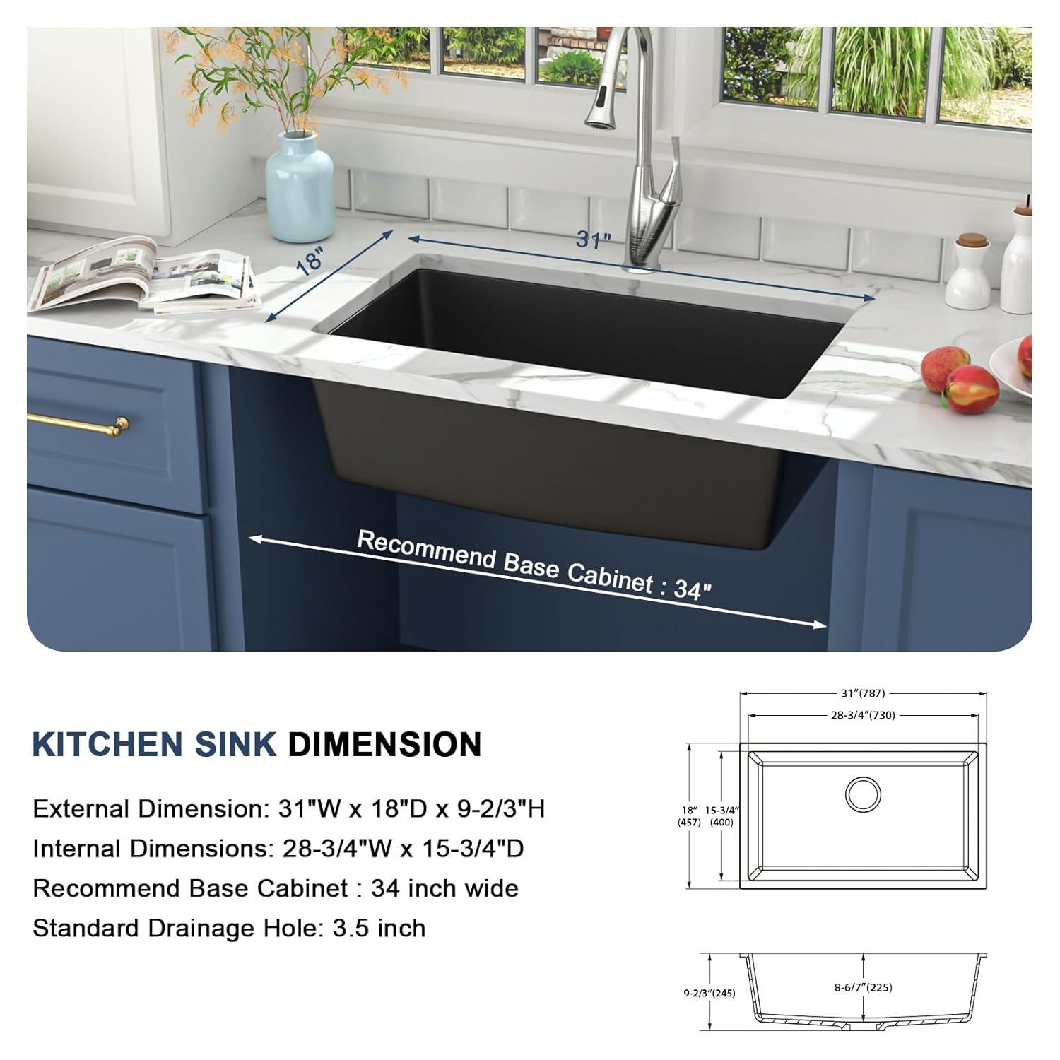Davivy 33 Inch Black Granite Composite Kitchen Sink Workstation, 33 X 22 Quartz Composite Dual Mount Sink, Matte Black Composite Single Bowl Sink