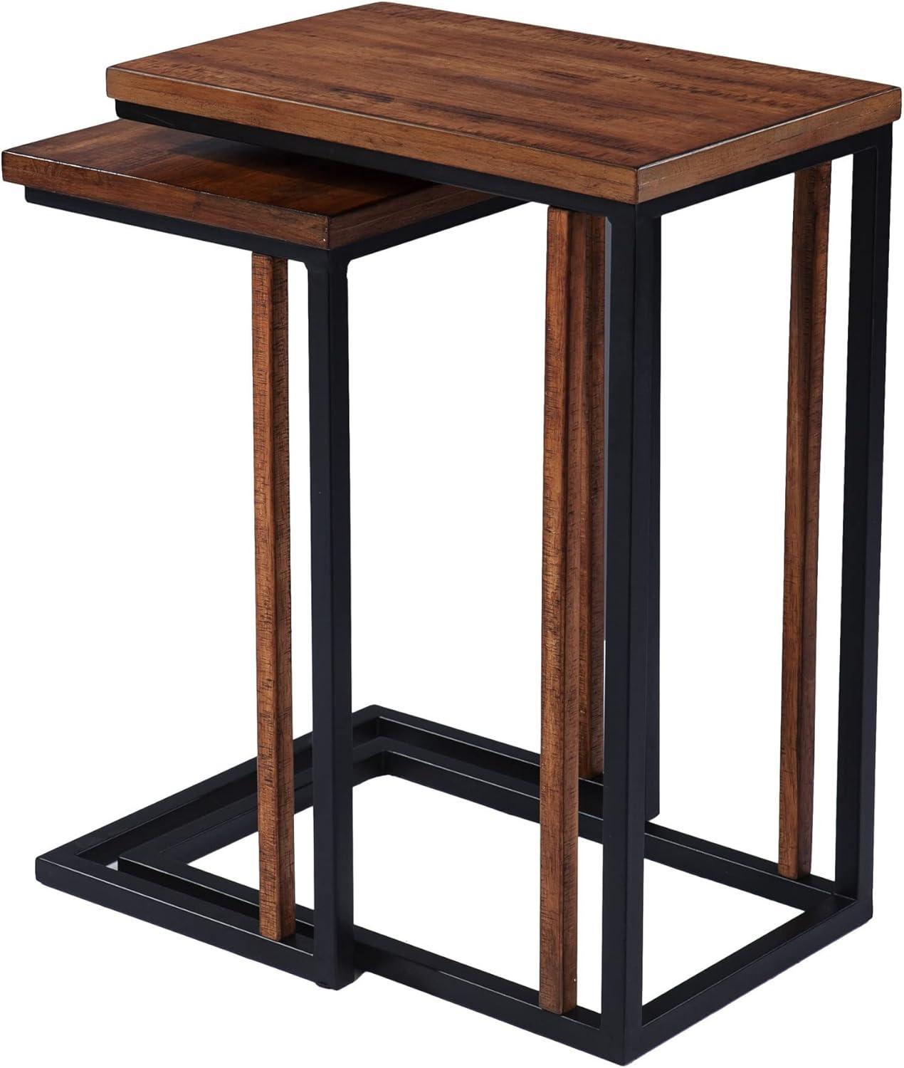 Set of Two 25" Brown Wood and Black Metal Nested End Tables