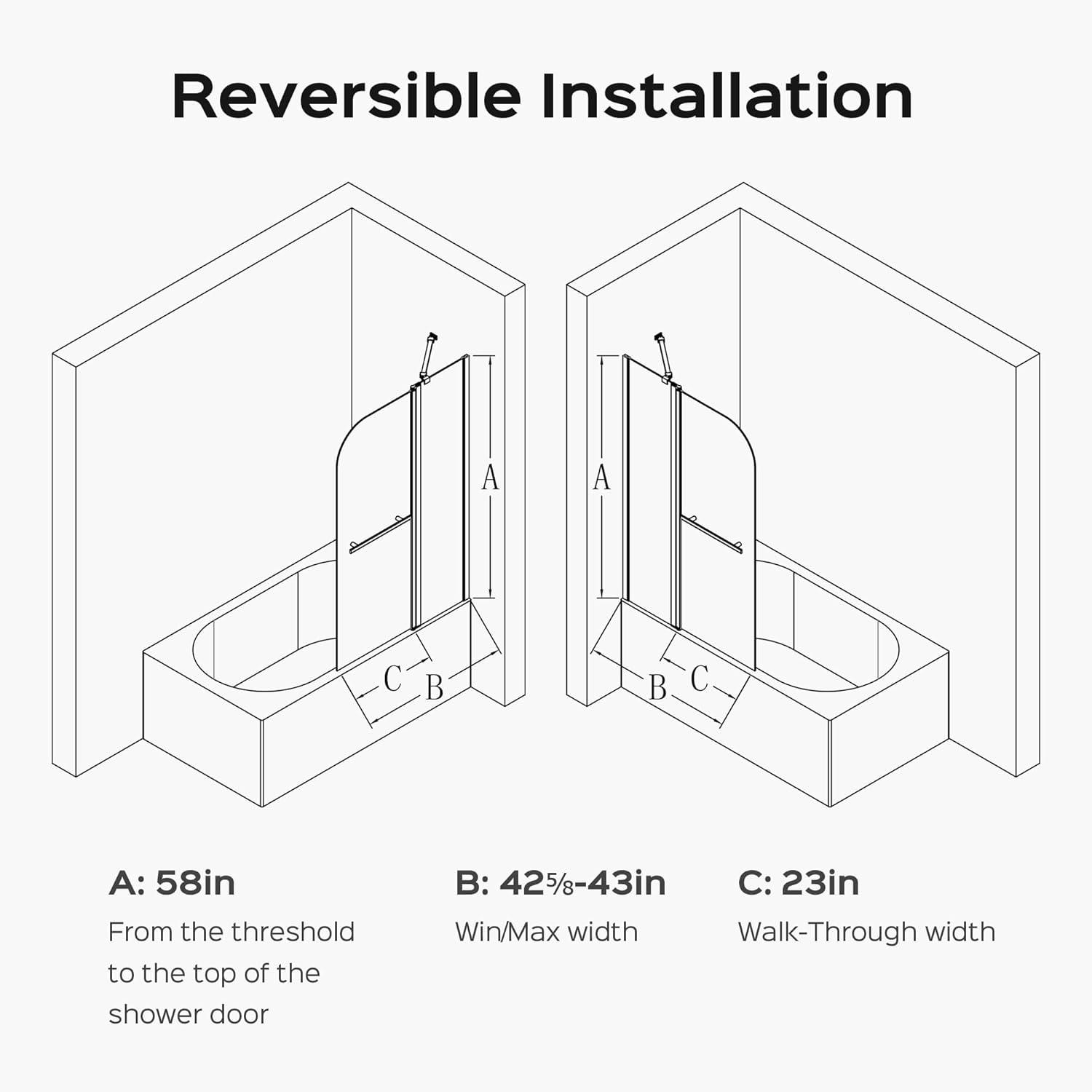 43"W x 58"H Frameless Folding Pivot Bathtub Door with 6mm Thick Clear Tempered Glass Door