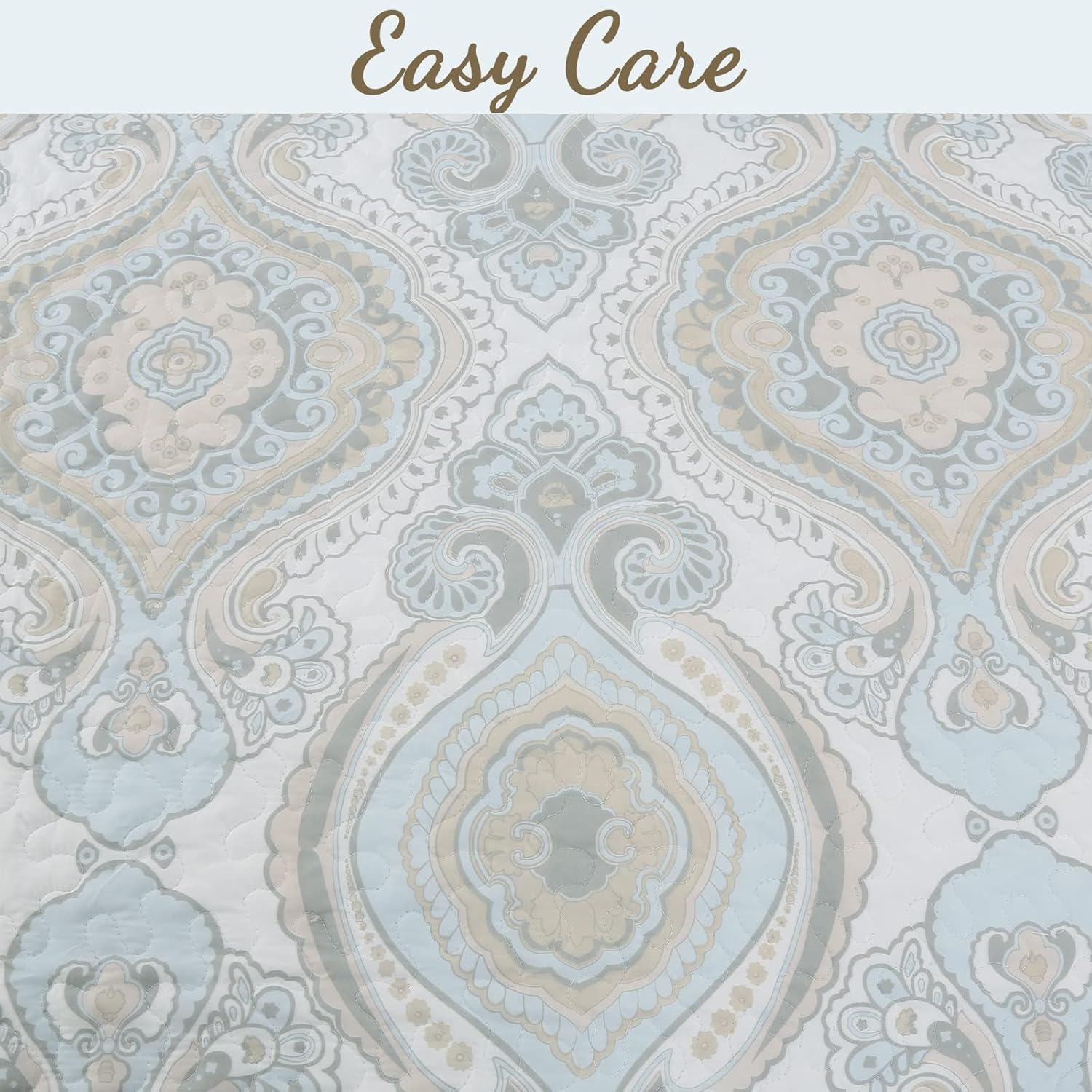 Cozy Line Home Fashion Modern Medallion Sky Blue Tan Gray Brocade Geometric Shapes Quilt Set