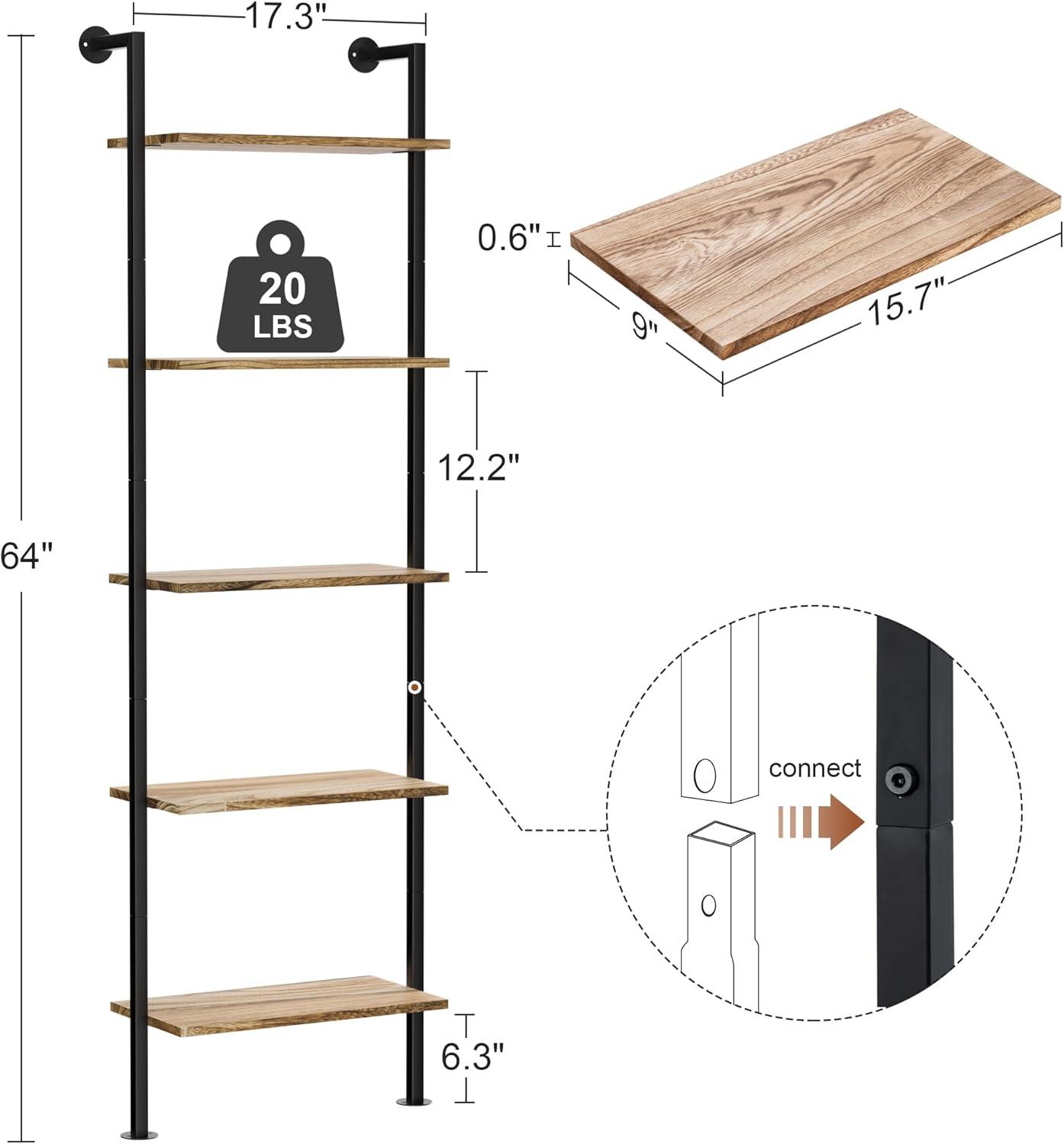 5-Tier Bookshelf Solid Wood Ladder Shelf, Narrow Book shelf Set of 2, Wooden Ladder Shelf Bookcase, Wall Mount Ladder Shelf, Storage Rack for Living Room, Bedroom, Industrial Style, Rustic Brown