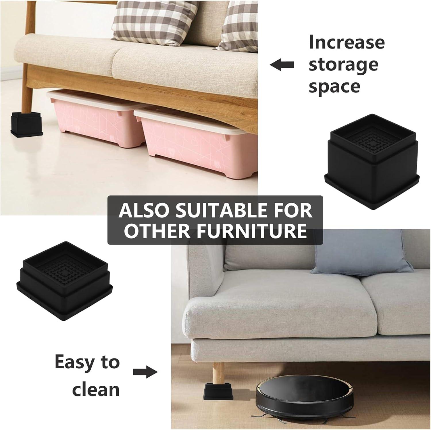 4 Pack Black Adjustable Bed Risers (1 or 3 Inch) for Dorm Beds, Sofas, and Furniture Elevation.