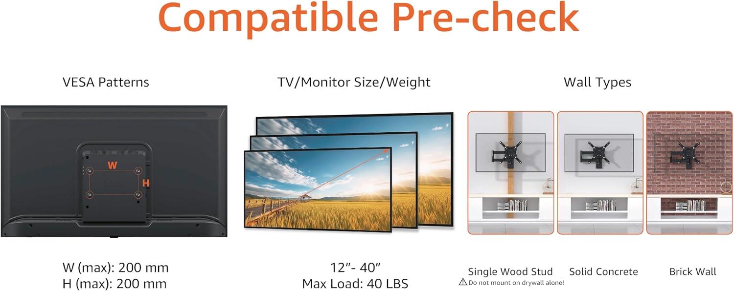 Black Full Motion TV Wall Mount for 12" to 40" TVs