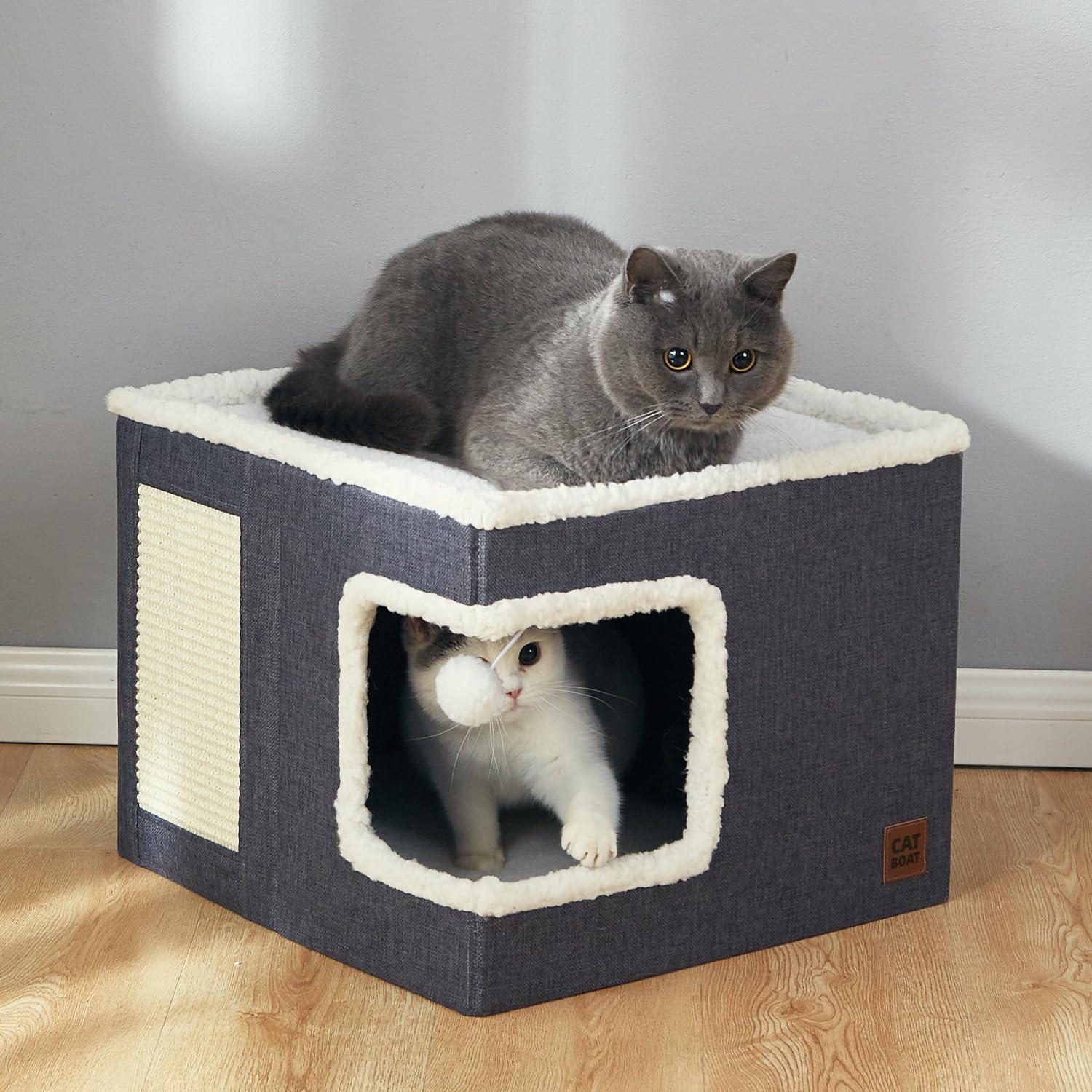 Large Grey Wool Triangle Cat Bed with Scratch Pad