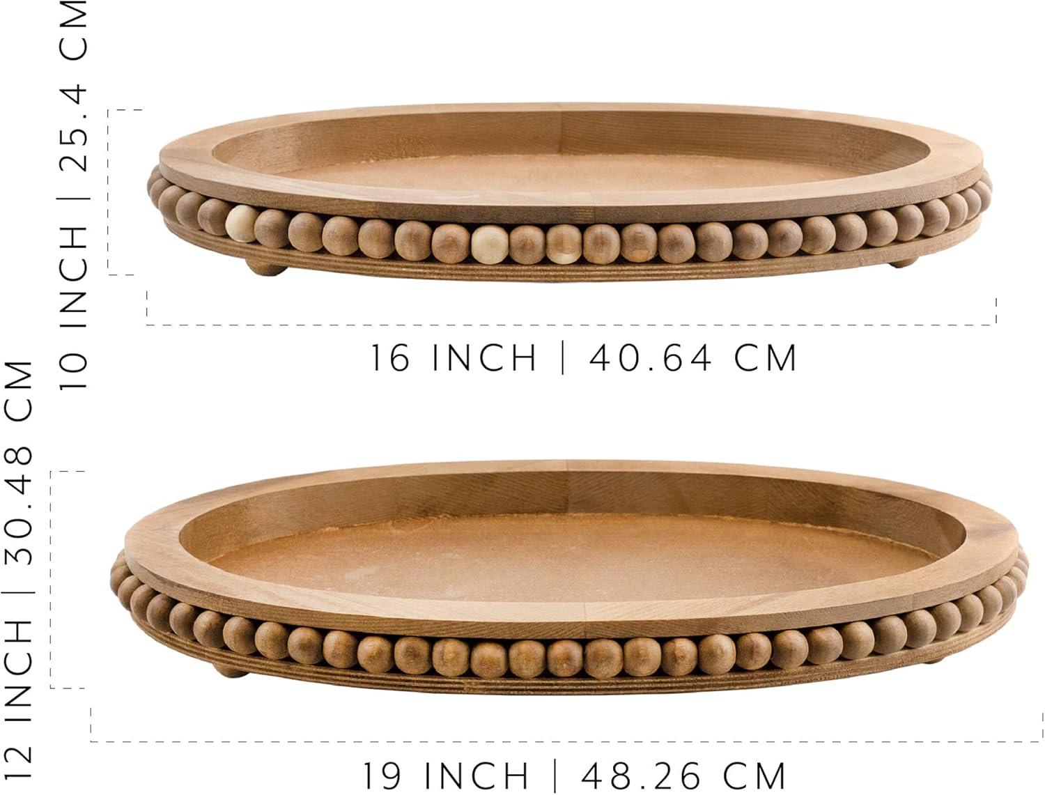 AuldHome Design Antique Brown Rustic Beaded Wood Trays, Set of 2; Farmhouse Distressed Oval Wooden Trays