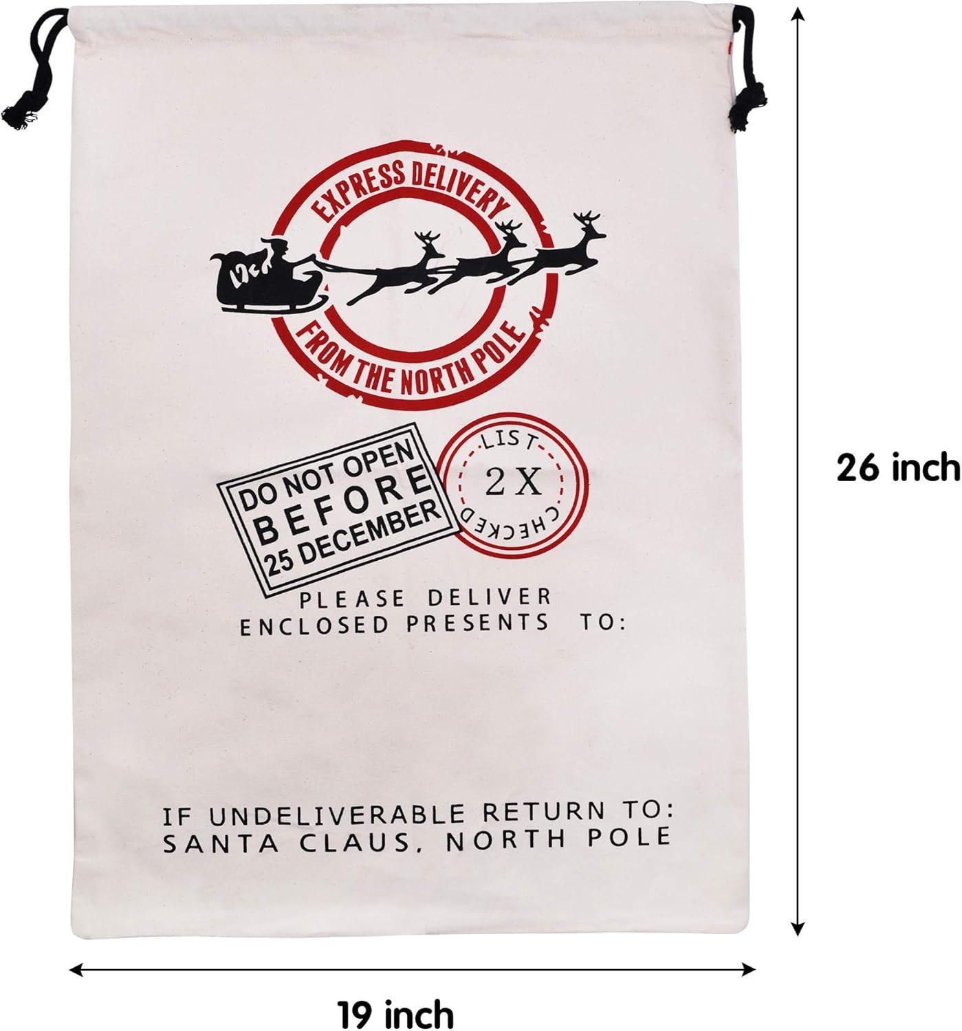 JOYIN 3 PCS Christmas Large Canvas Gift Bag 26" x 19", Drawstring Santa Burlap Sack Reusable Personalized Cloth Pouch for Xmas Presents Package, Party Supplies, Hoilday Decoration