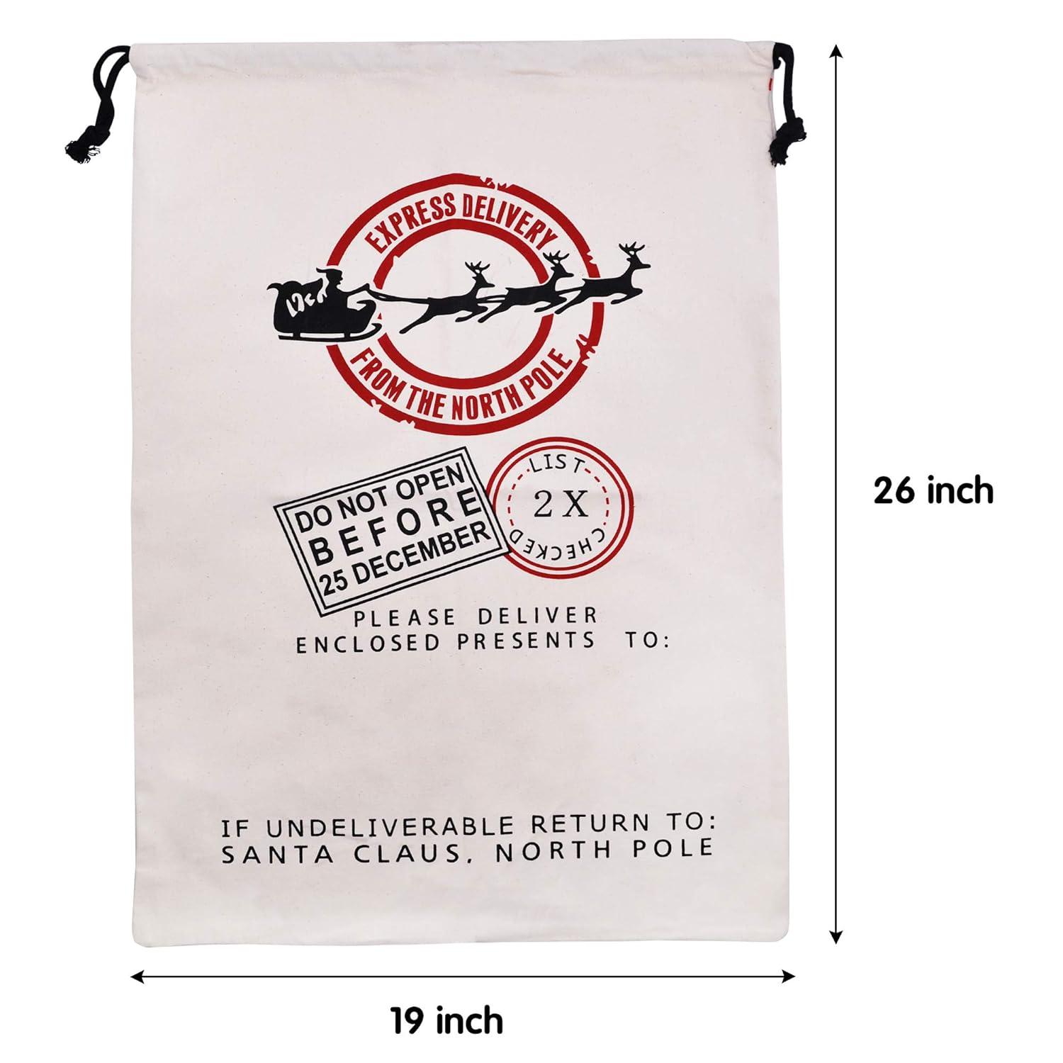 JOYIN 3 PCS Christmas Large Canvas Gift Bag 26" x 19", Drawstring Santa Burlap Sack Reusable Personalized Cloth Pouch for Xmas Presents Package, Party Supplies, Hoilday Decoration