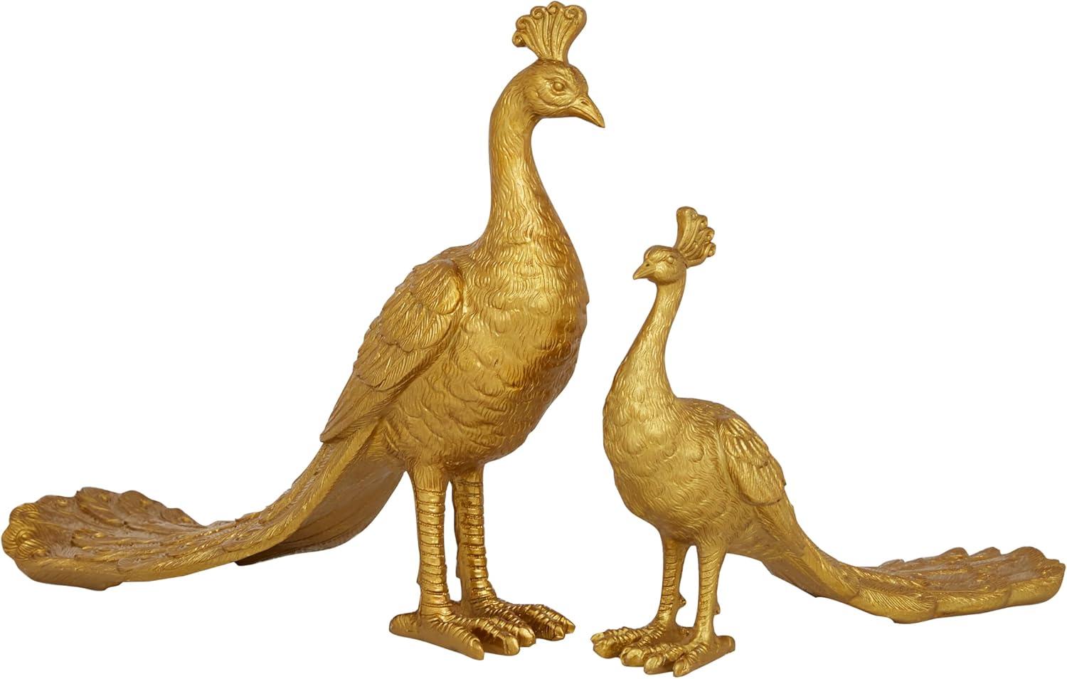 Gold Solid Peacock Animal Statue Duo, 11" & 8"H Resin Set
