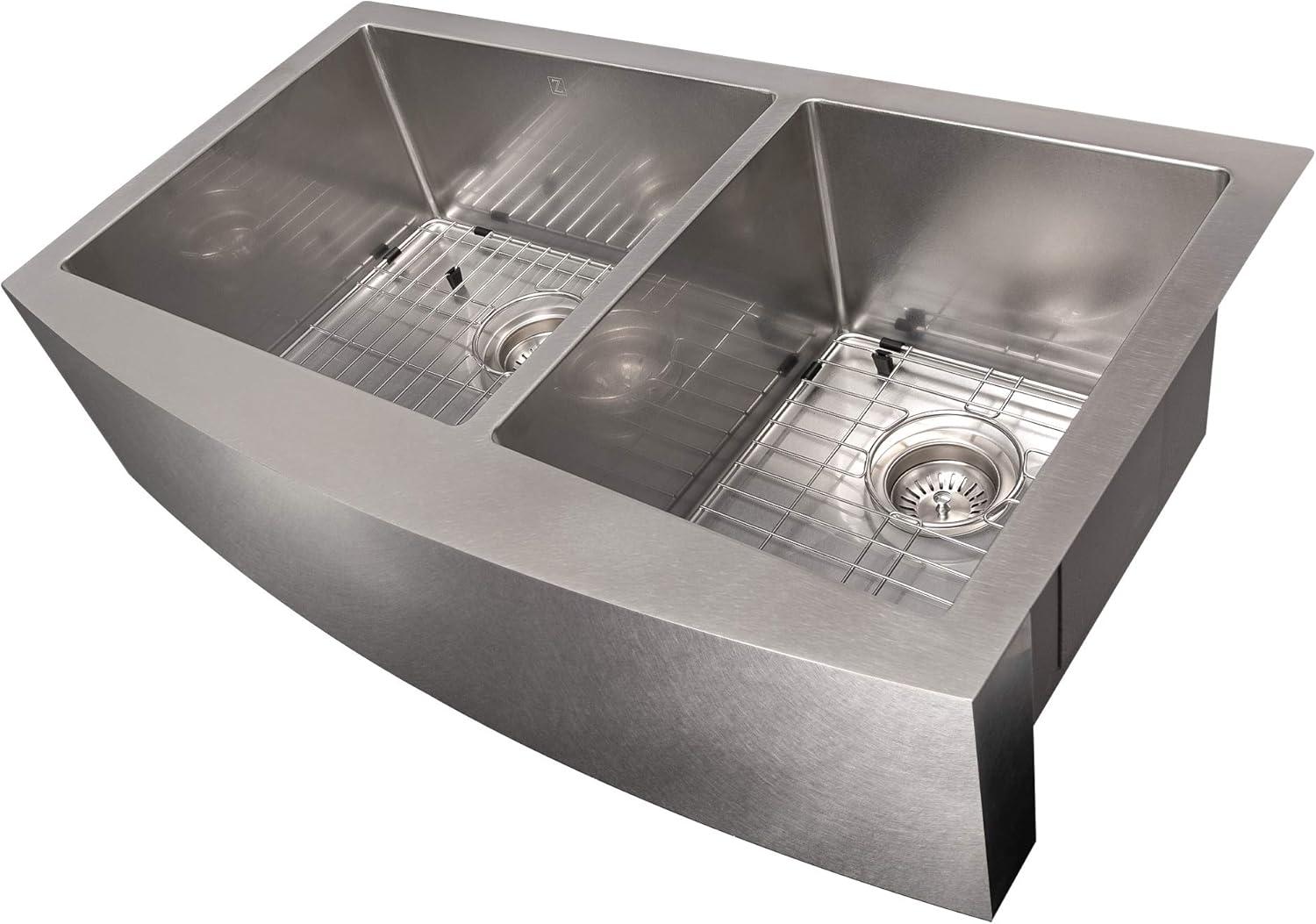 ZLINE 36 in. Courchevel Farmhouse Apron Mount Double Bowl DuraSnow Stainless Steel Kitchen Sink W/ Bottom Grid (SA60D-36S)