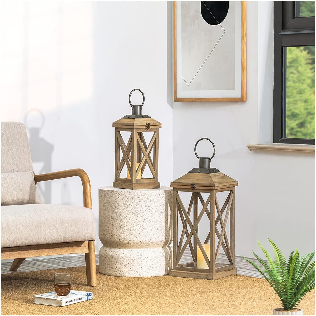 Glitzhome Modern Farmhouse Wooden Lantern Hanging Decorative Candle Lantern for Outdoor & Indoor Black Set of 2 (No Glass)