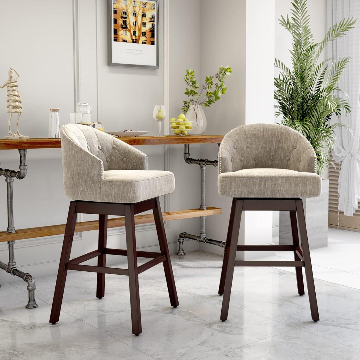 Beige Swivel Bar Stools with Rubber Wood Legs and Tufted Back, Set of 2