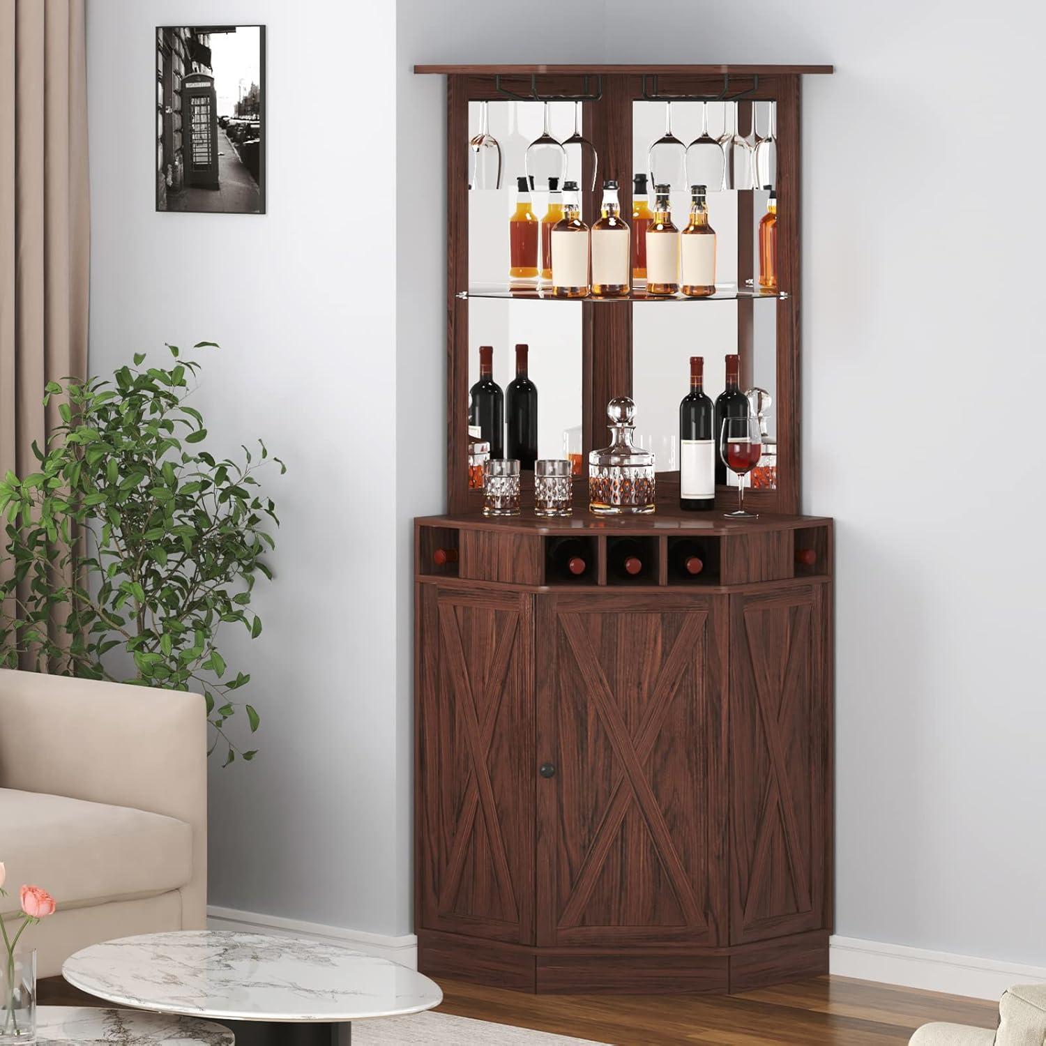 Black Walnut Corner Industrial Bar Cabinet with Glass Holder