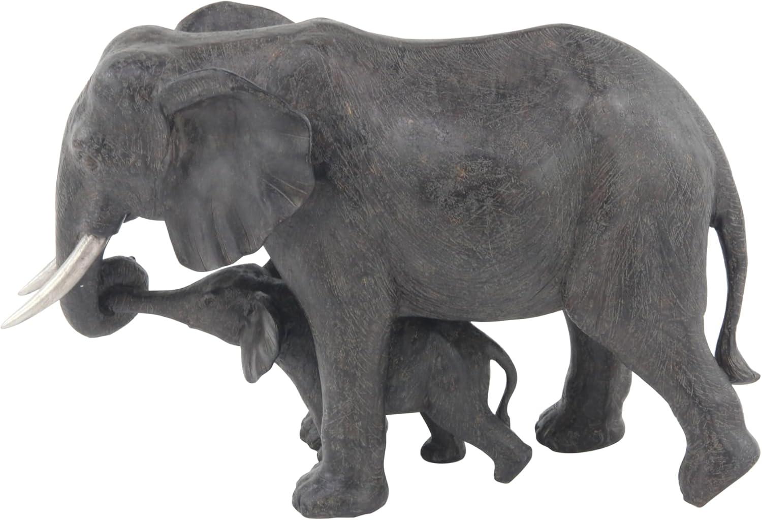 Gray Resin Elephant Mother and Calf Sculpture