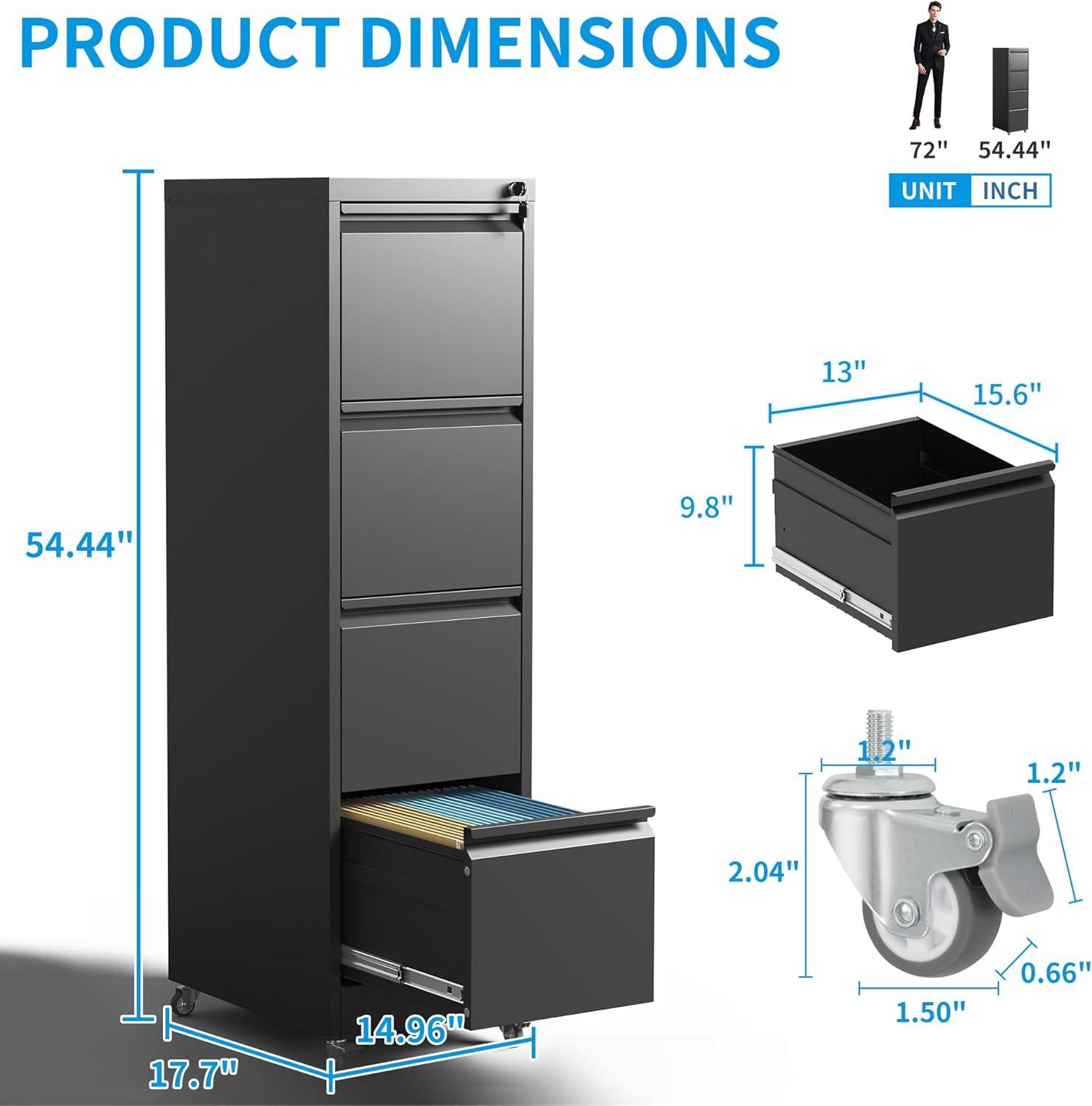 MIIIKO File Cabinet 3 Drawers on Wheels Under Desk, Black Metal Rolling File Cabinets with Lock for Home Office, Un-Assembled Filing Cabinet with Lock