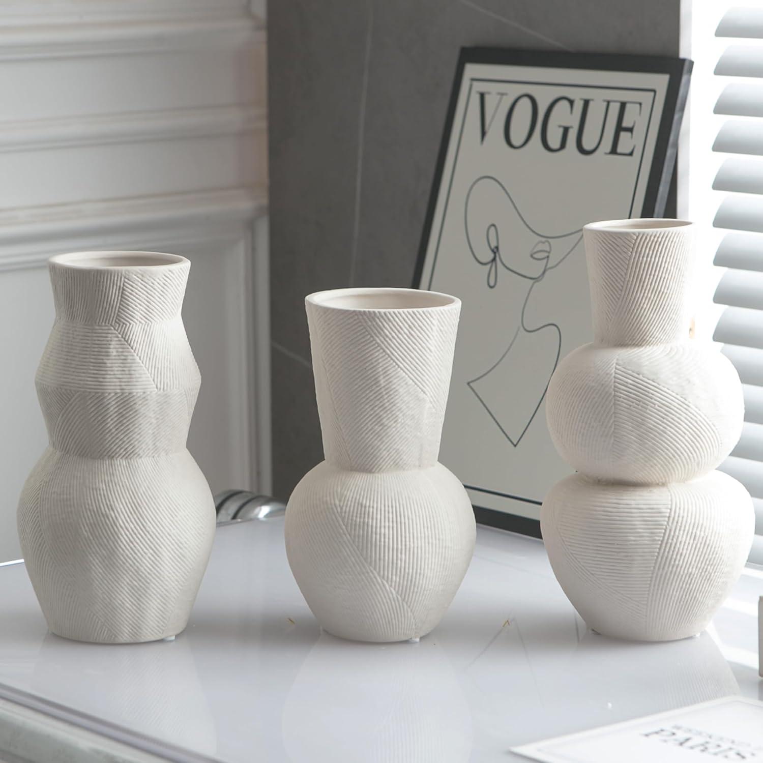 Matte White Textured Ceramic Vase Set of 3