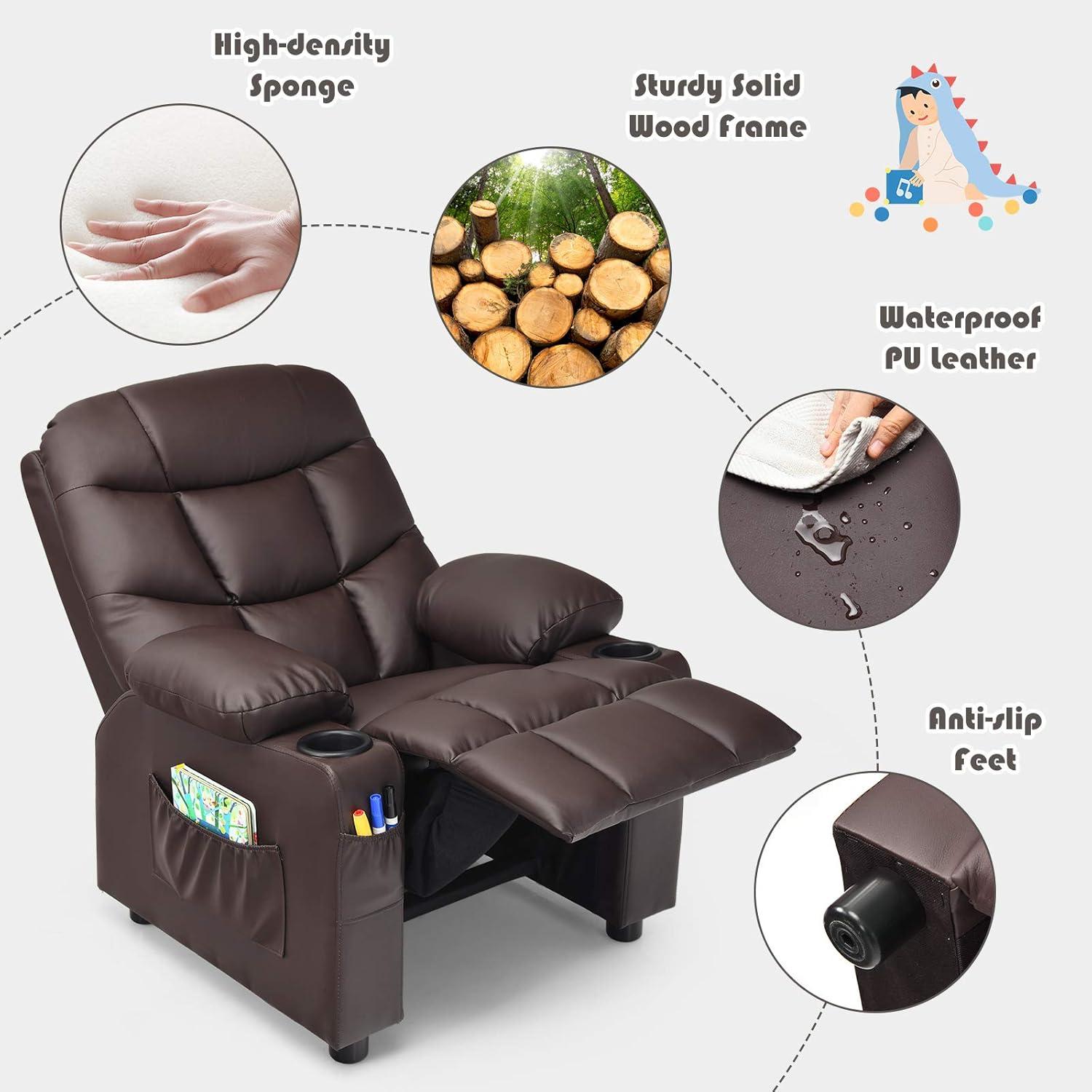 YYAo Recliner Chair,Toddler Reading Couch,Kids Recliner Chair with Cup Holder and Footrest for Children-Brown