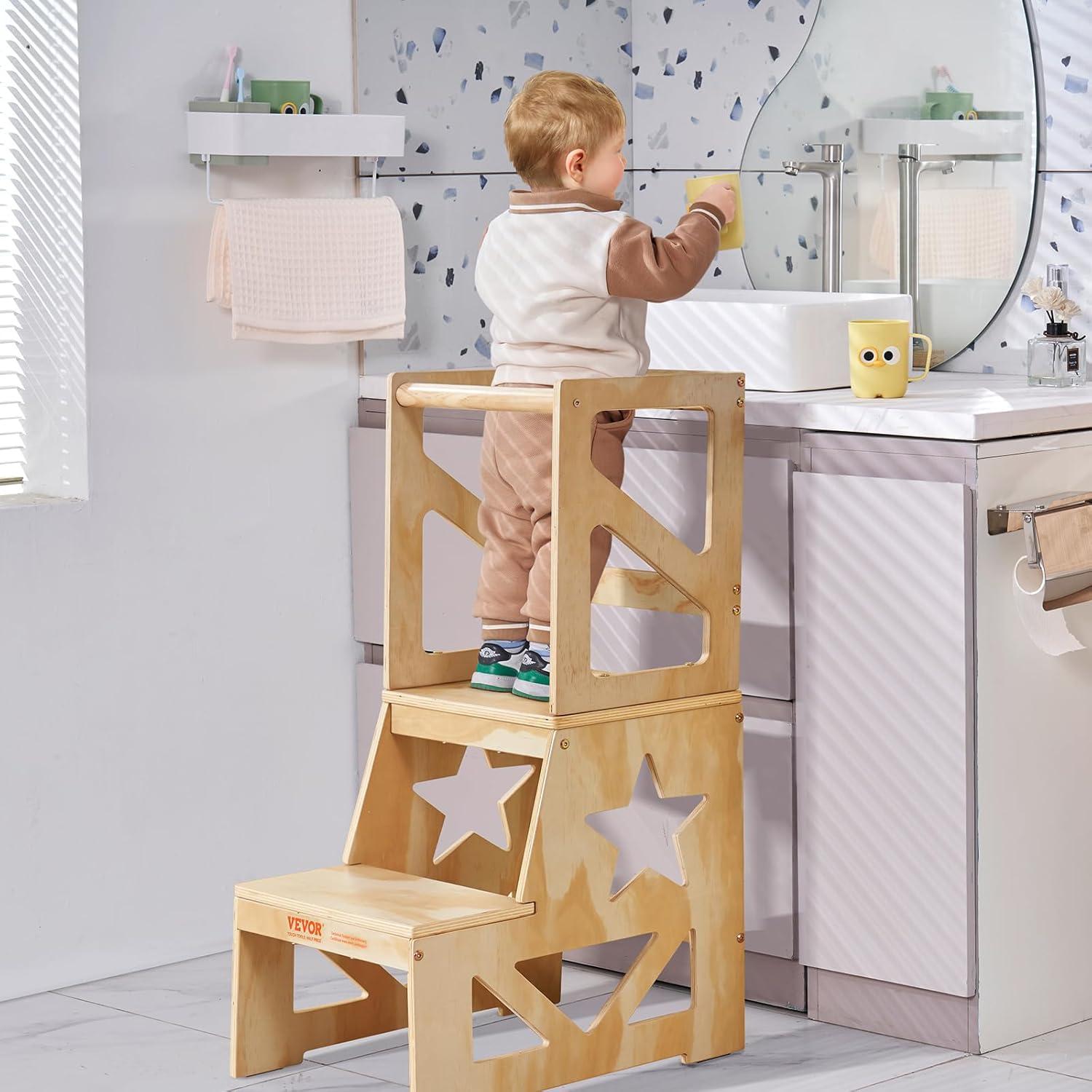 Toddler Step Stool 150lbs. Load Natural Pine Wood Toddler Stool Helper with Safety Rail for Bedroom Bathroom Kitchen Kid