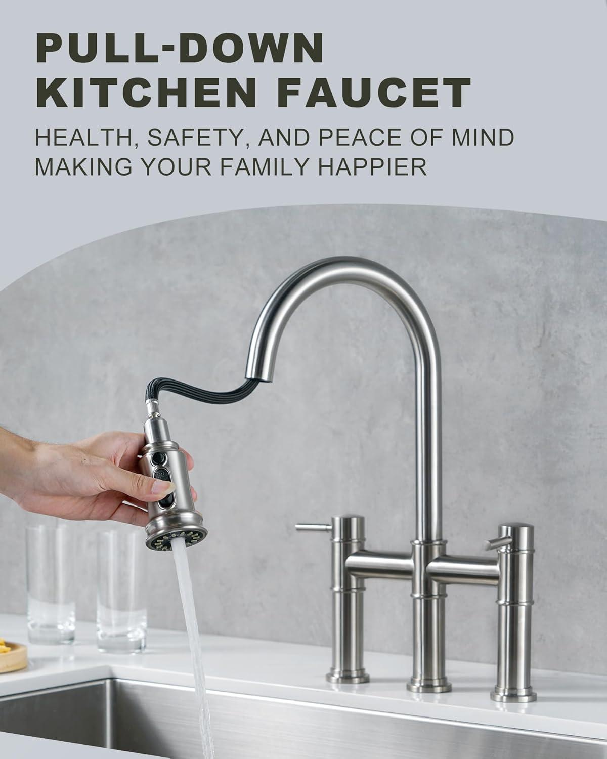 Brushed Nickel Double Handle Bridge Kitchen Faucet with Pull Down Sprayer