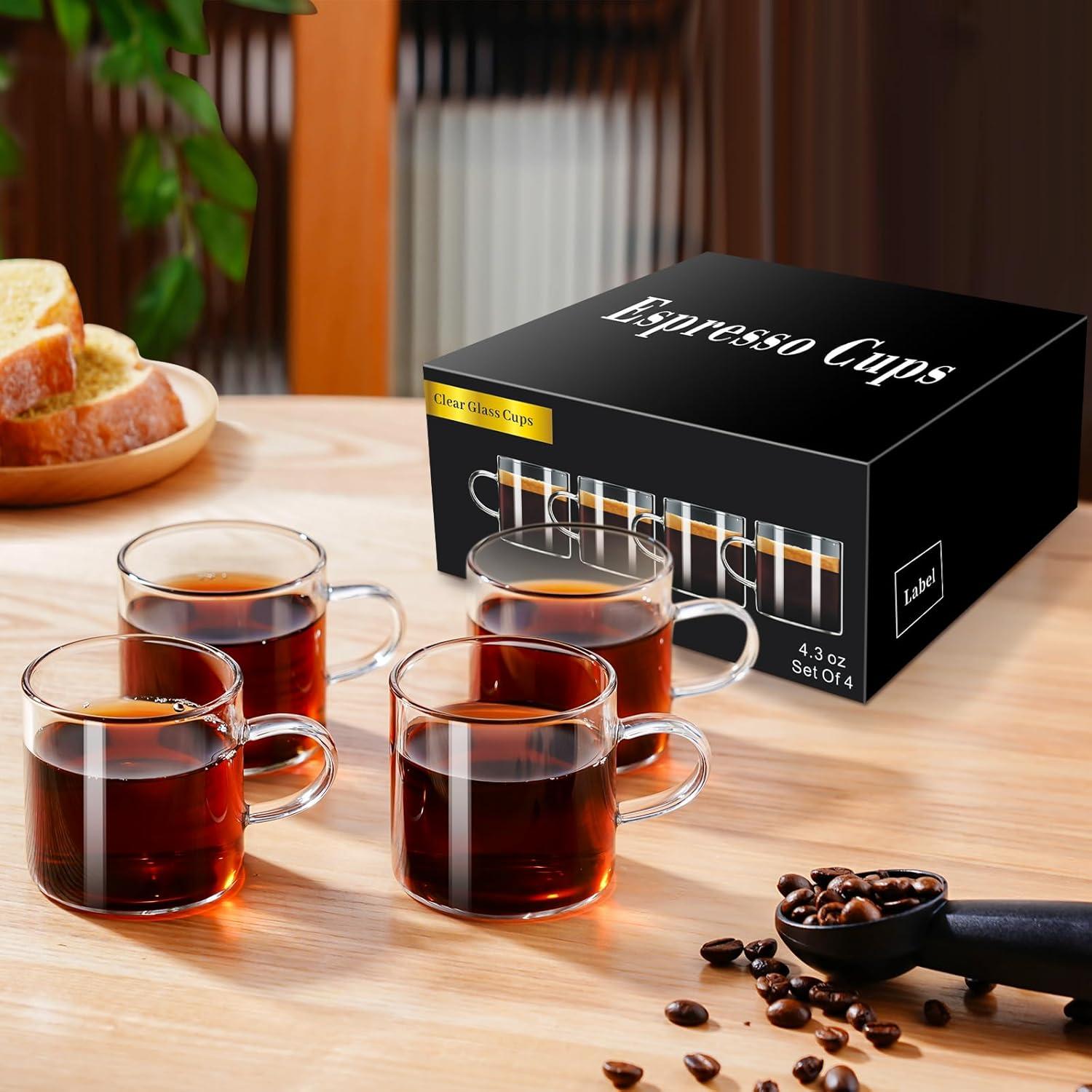 PARACITY Espresso Cups Set of 4, Insulated Espresso Accessories 4.3 OZ, High Borosilicate Espresso Shot Glass, Clear Glass Expresso Coffee Cup with Handle, Small Tea Cups