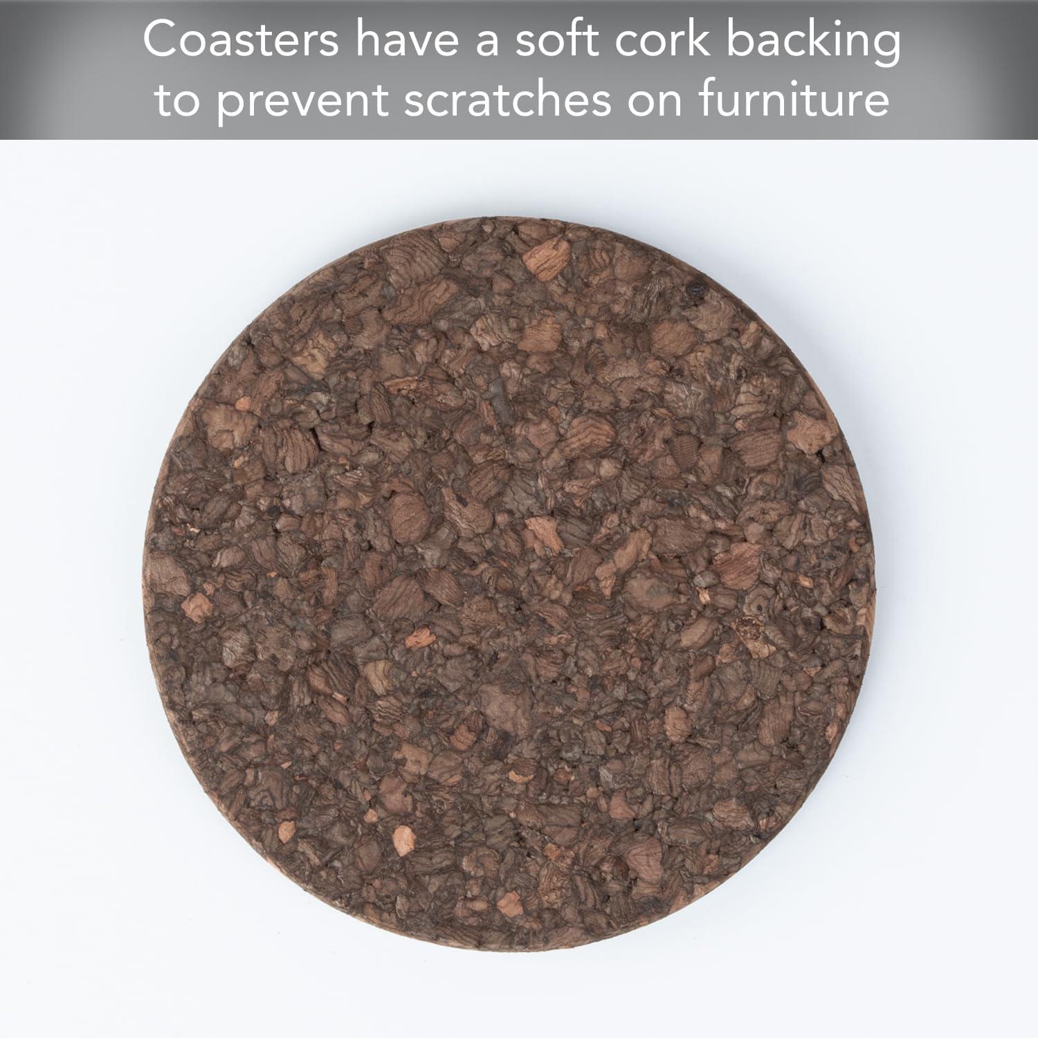 Thirstystone 6-Pack Thick Dark Brown Cork Coasters in Black Coaster Holder 4.7" Round