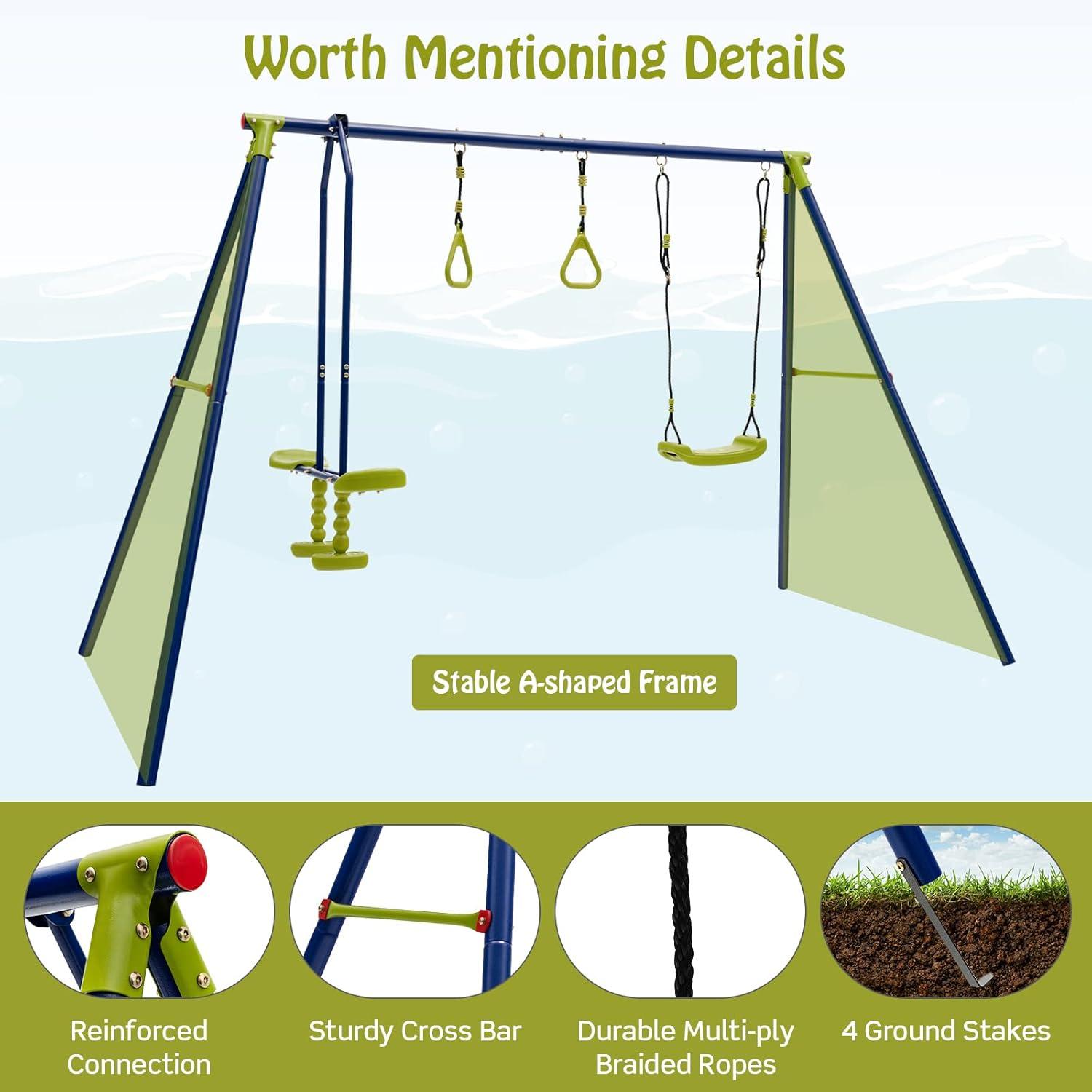 Heavy Duty 3-in-1 Metal Swing Set with Gym Rings