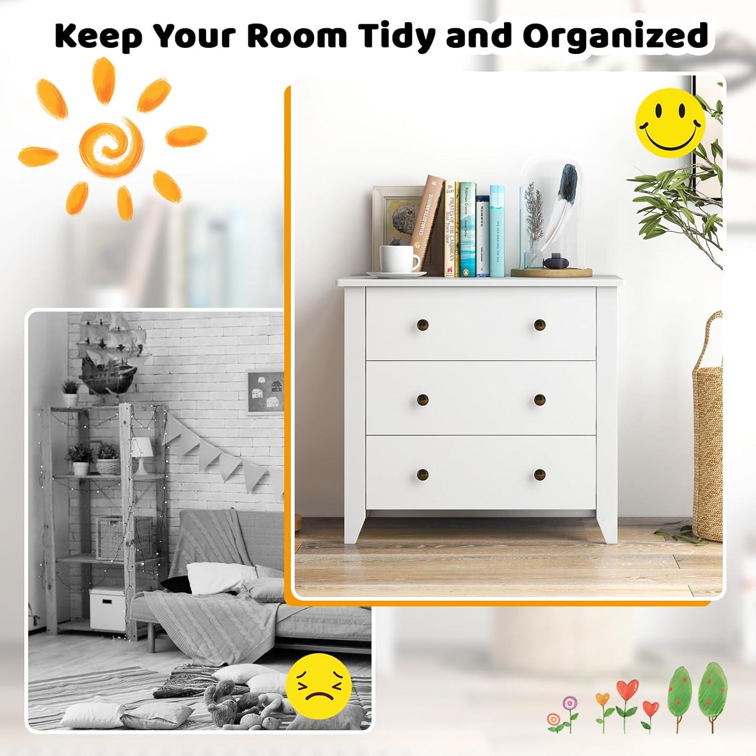 Tangkula 3 Drawer Dresser Chest of Drawers Bedside Table for Living Room Bedroom White