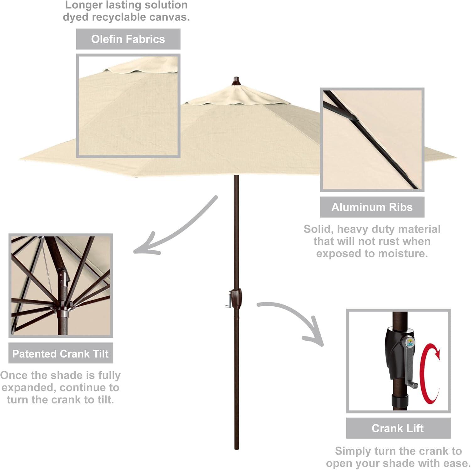 California Umbrella 9' Round Aluminum Outdoor Deck, Pool or Patio Umbrella, Crank Lift, Auto Tilt, Bronze Pole, Antique Beige Olefin